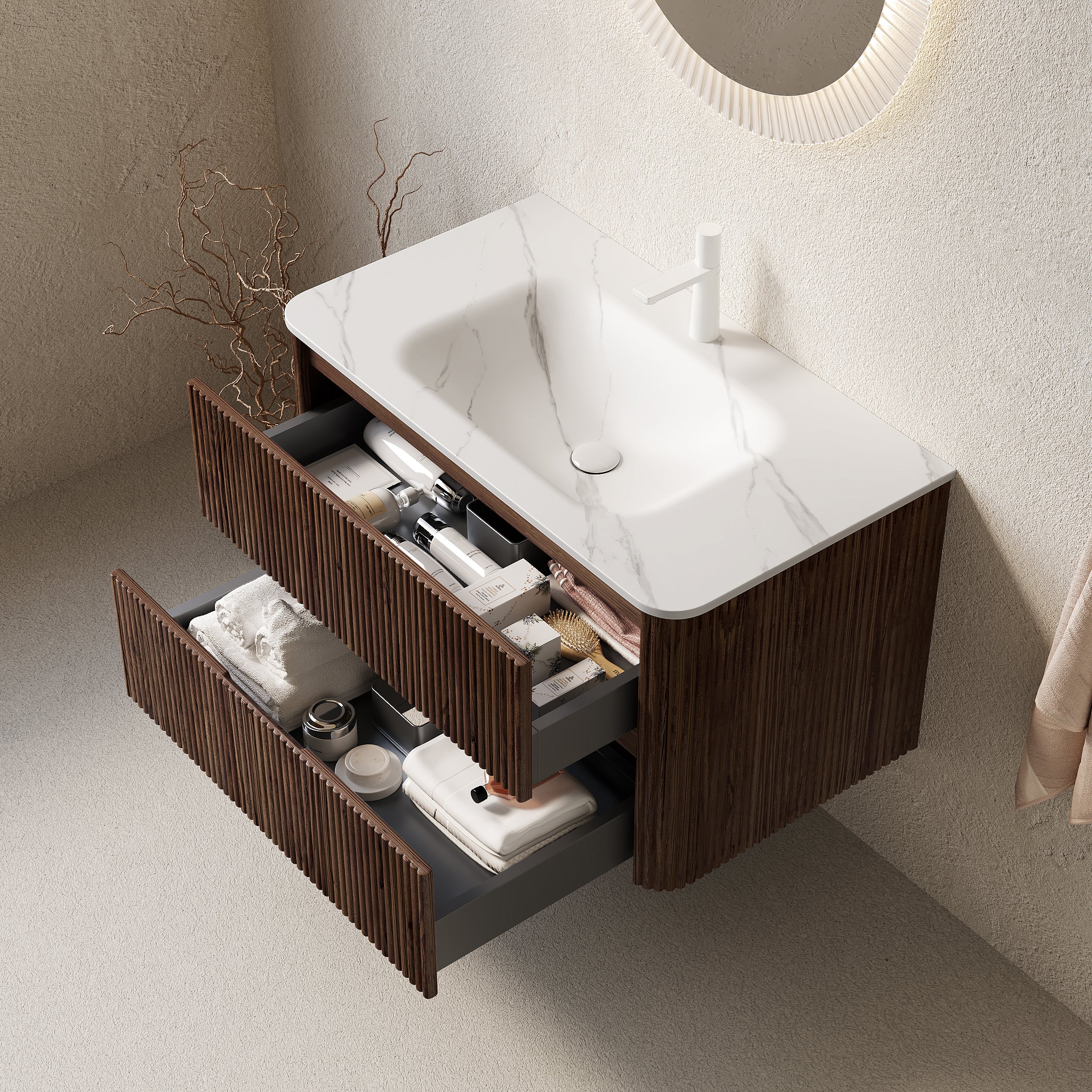 NOOR 36" Bathroom Vanity&Sink, Floating Stripe Plywood Storage Cabinet with 2 Drawers, Carrara White Sintered Stone Hot-bent Integrated Rectangle Basin, Pre-assembled, Retro Walnut Woodgrain Color