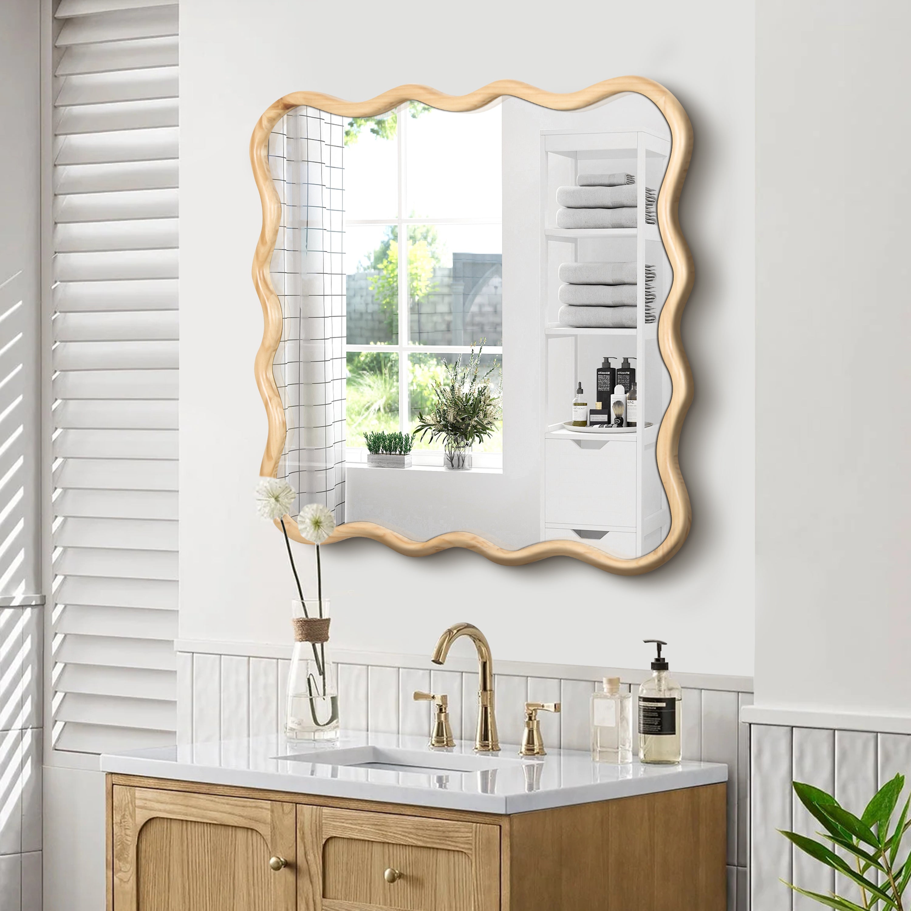 Wavy Square Natural Wood Beige Wall Mirror, Solid Wood, 35.8'' x 35.8''