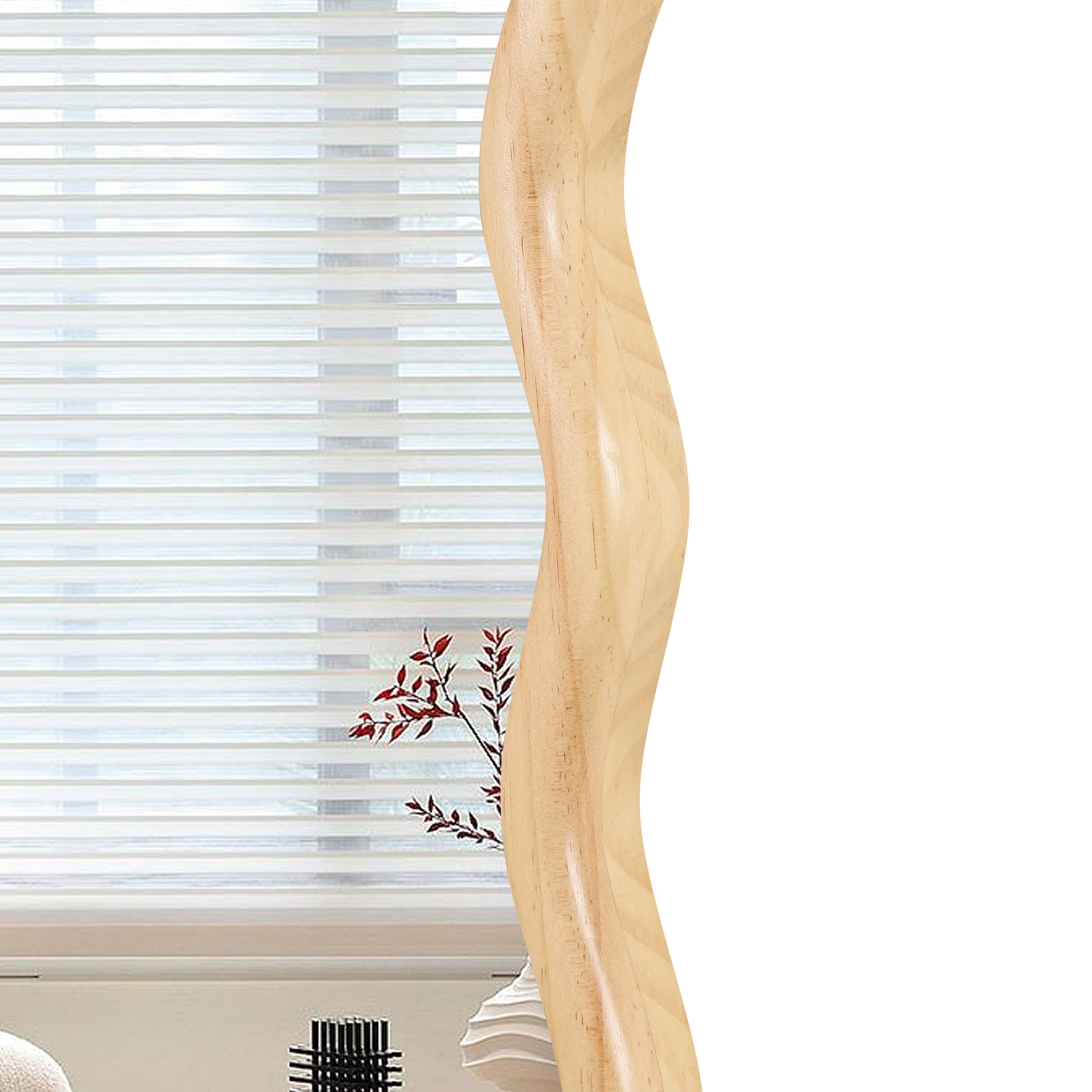 Wavy Rectangular Natural Wood Beige Wall Mirror, Solid Wood, 28'' x 39.8''