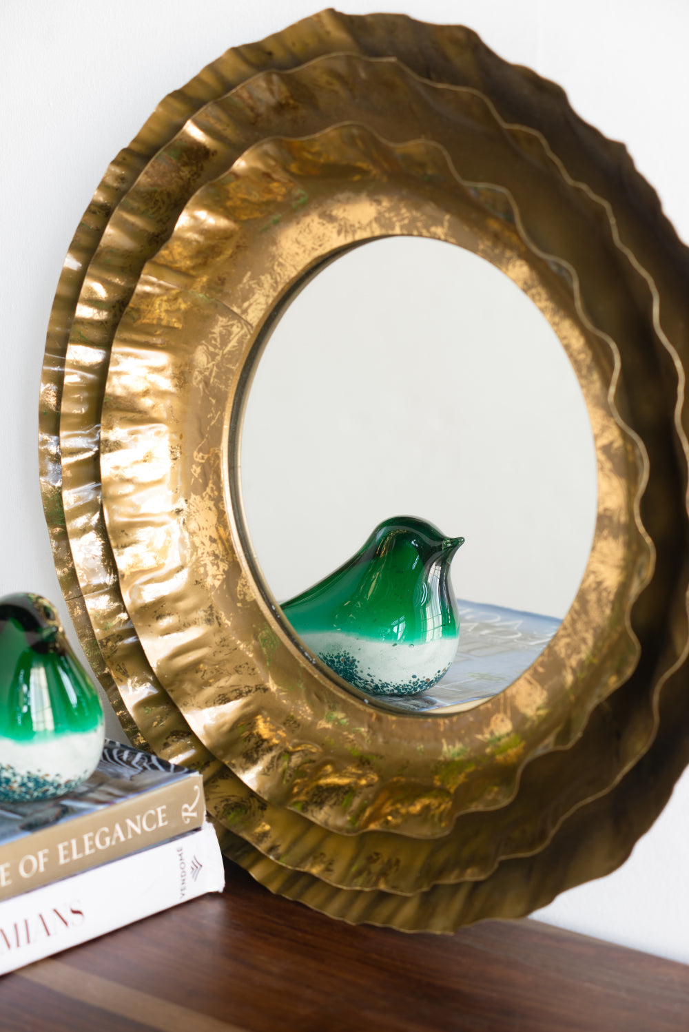 16 Inch Round Wall Mirror with Gold Metal Frame, Mid-Century Modern Flower Accent Mirror for Living Room, Entryway, Mantel & Office
