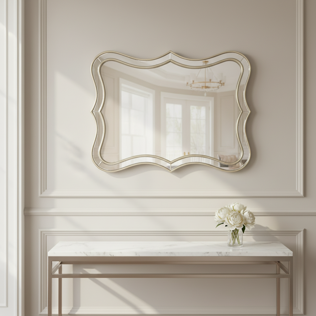 Fleuron Wave-Shaped Decorative Mirror with Champagne Silver Frame, 31'' x 24''