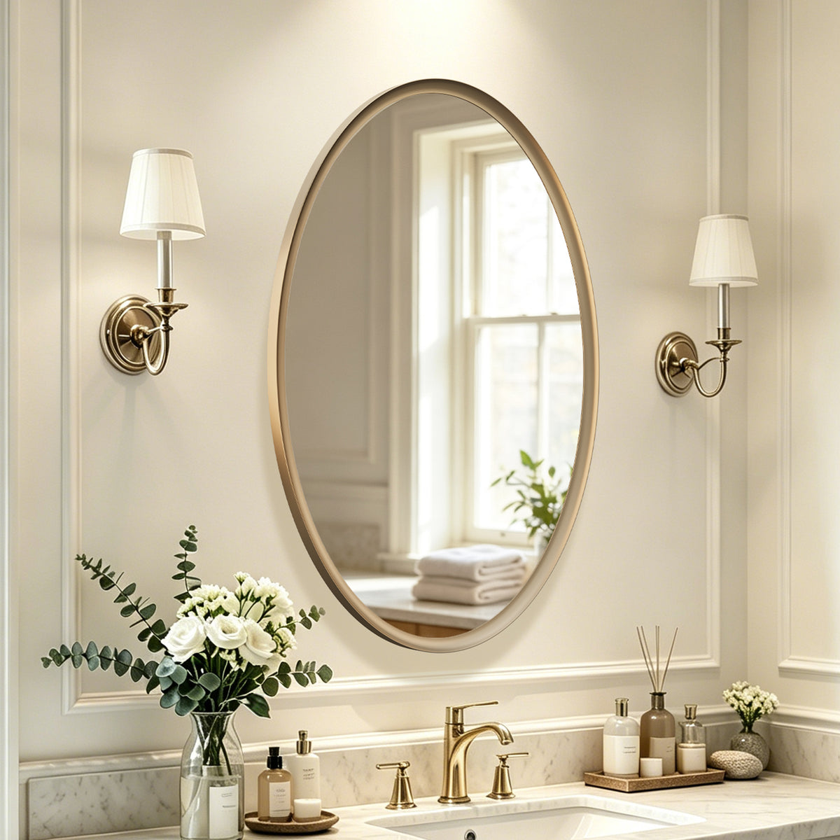 USHOWER Curva Brushed Gold Oval Bathroom Mirror, 20x28 Inch Oval Mirror