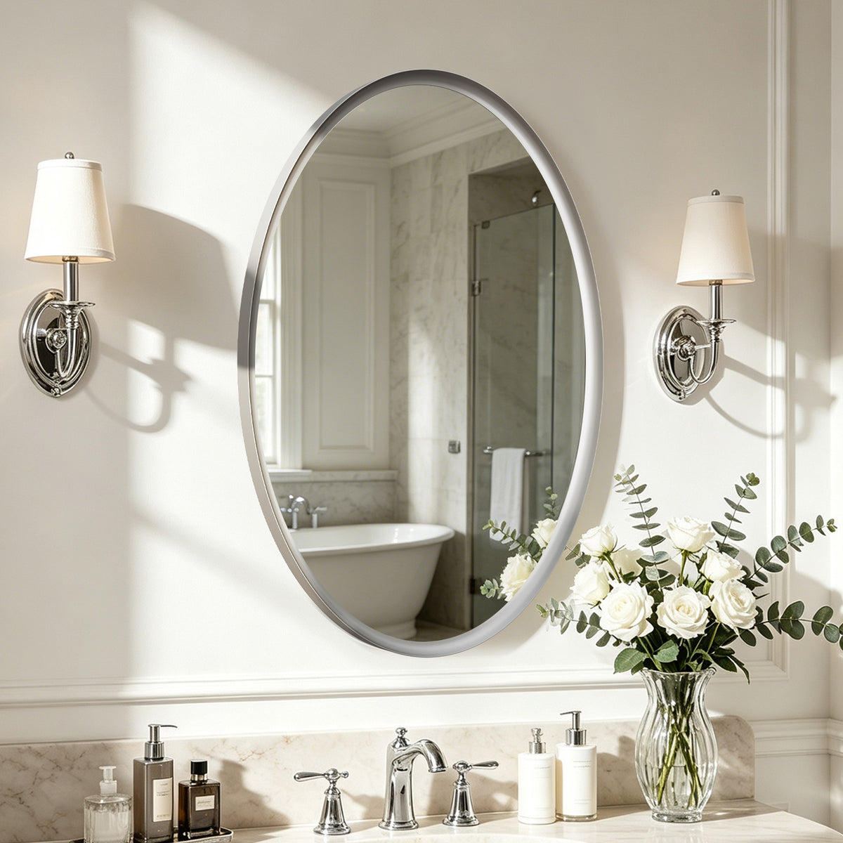 USHOWER Curva Brushed Nickel Oval Bathroom Mirror, 20x28 Inch Oval Mirror