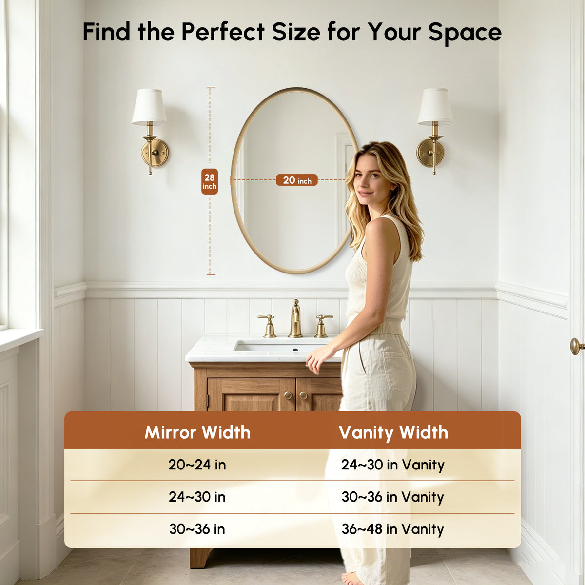 USHOWER Curva Brushed Gold Oval Bathroom Mirror, 20x28 Inch Oval Mirror