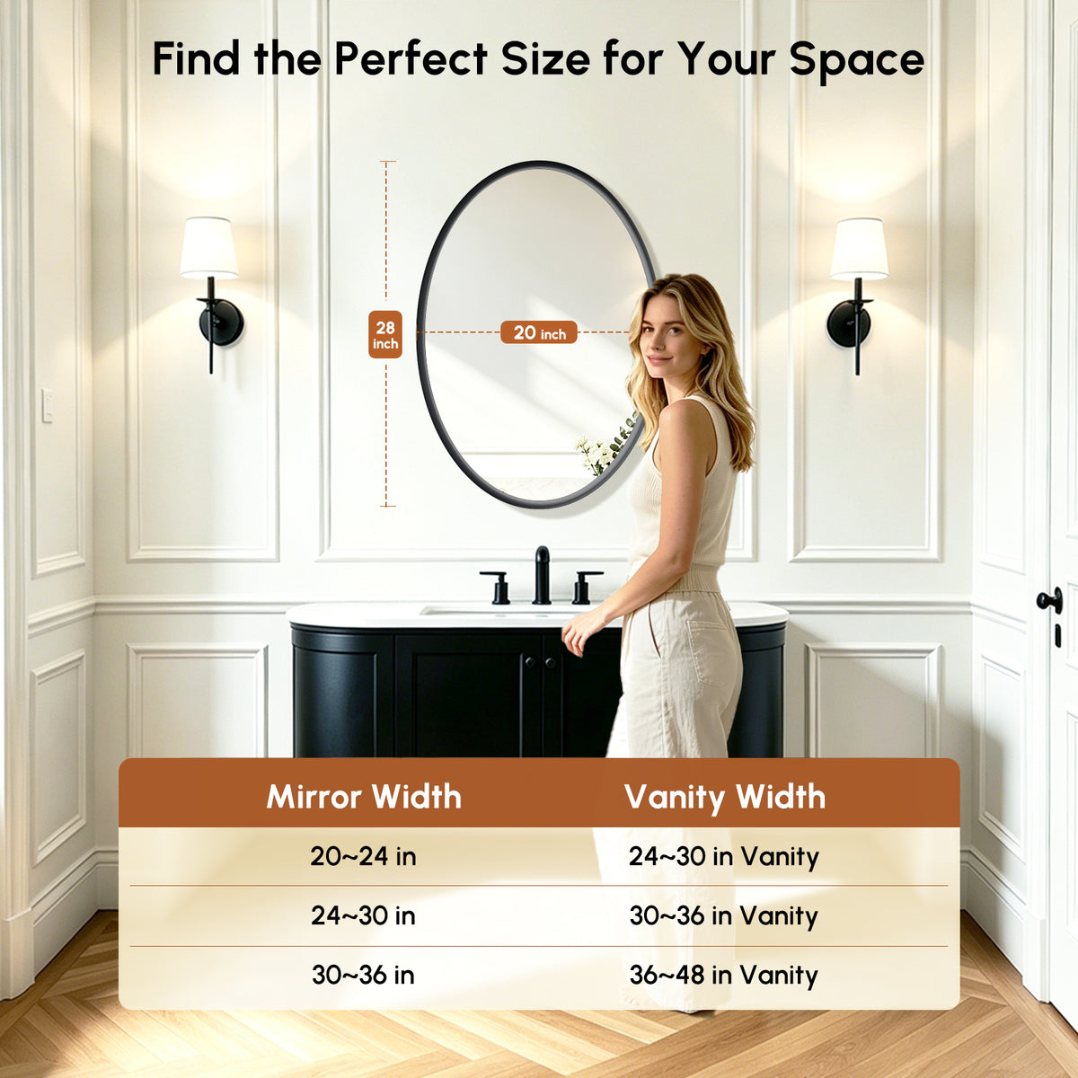 USHOWER Curva Black Oval Bathroom Mirror, 20x28 Inch Oval Mirror