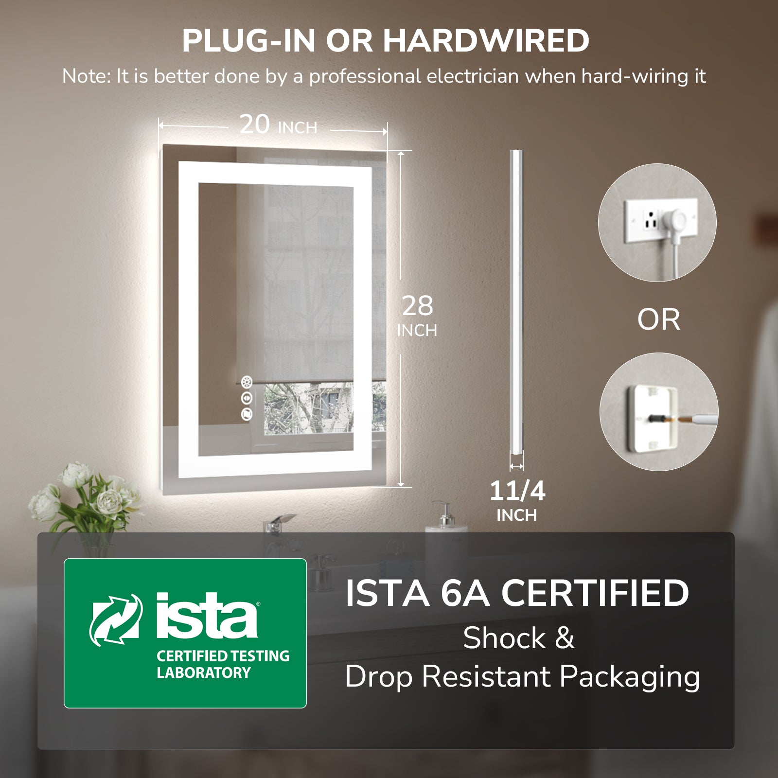 USHOWER Klara Series – 20'' x 28'' Rectangular LED Bathroom Mirror