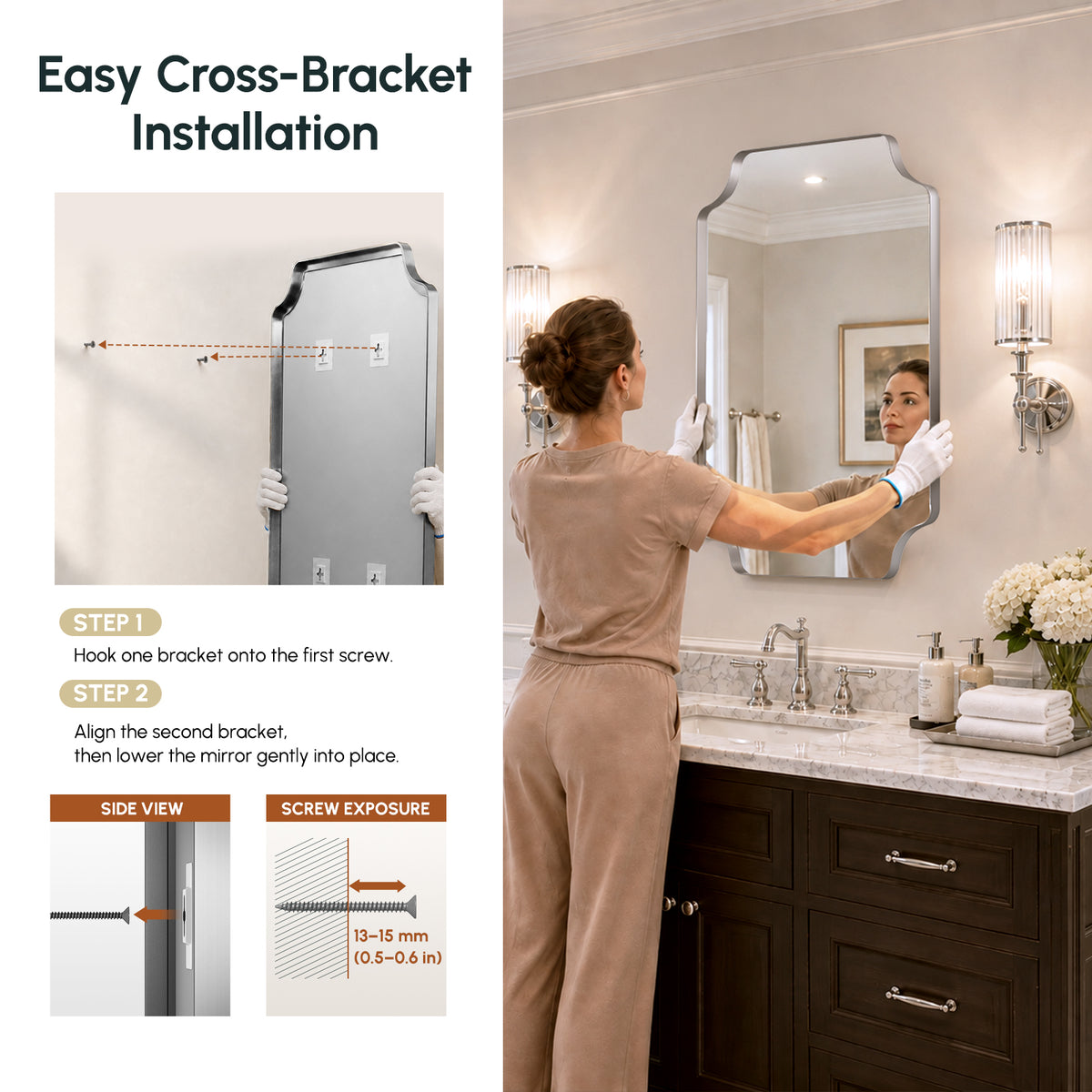 Stainless Steel Frame Silver Scalloped Bathroom Mirror – 22" x 30"
