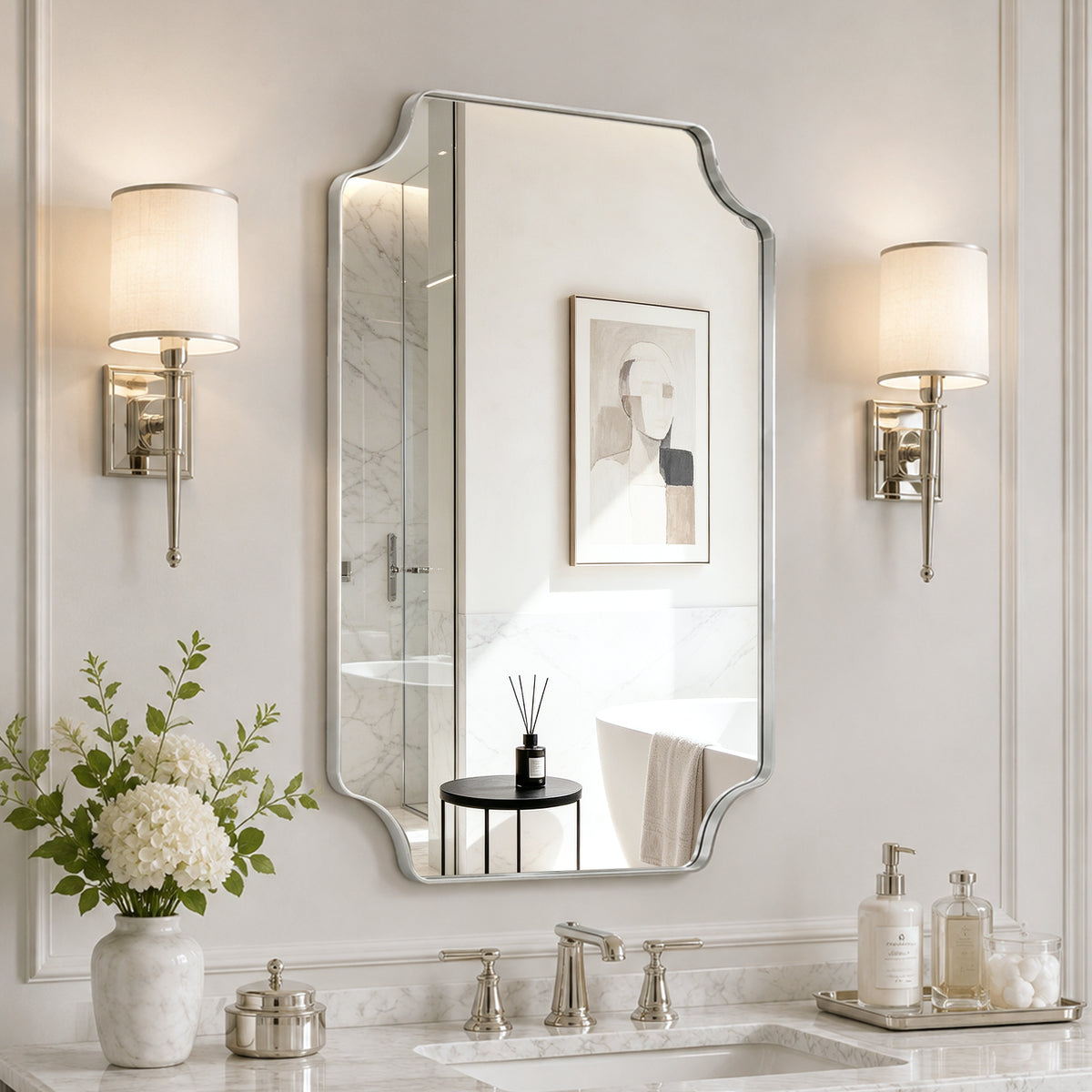 Stainless Steel Frame Silver Scalloped Bathroom Mirror – 22" x 30"