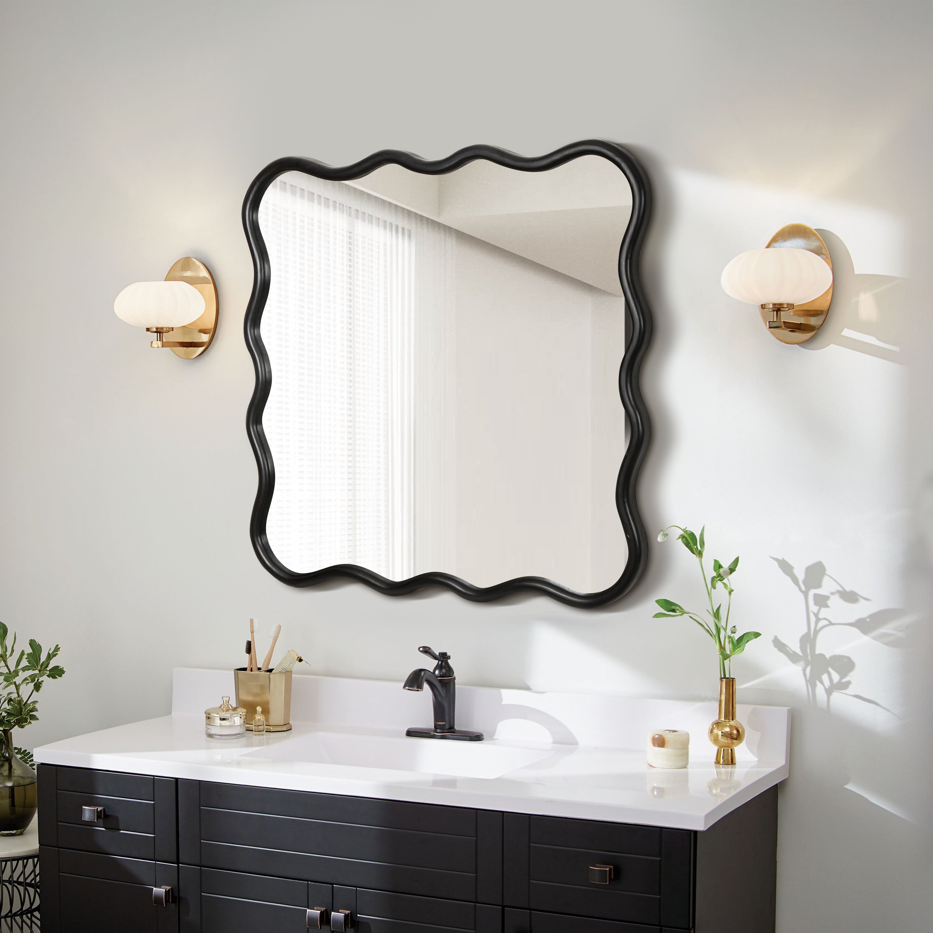 Wavy Square Black Wall Mirror, Solid Wood, 35.8'' x 35.8''