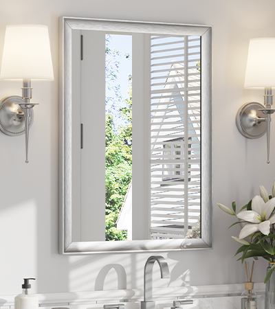 USHOWER Curva Mirror, Rectangular Silver Metal Framed Mirror, 22'' x 30''