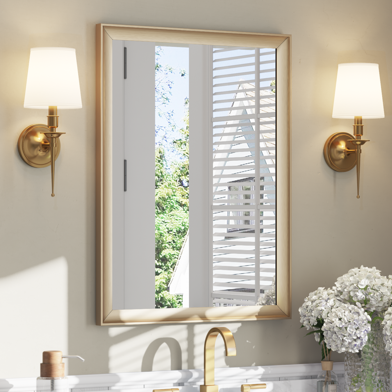 USHOWER Curva Mirror, Rectangular Gold Metal Framed Mirror, 22'' x 30''