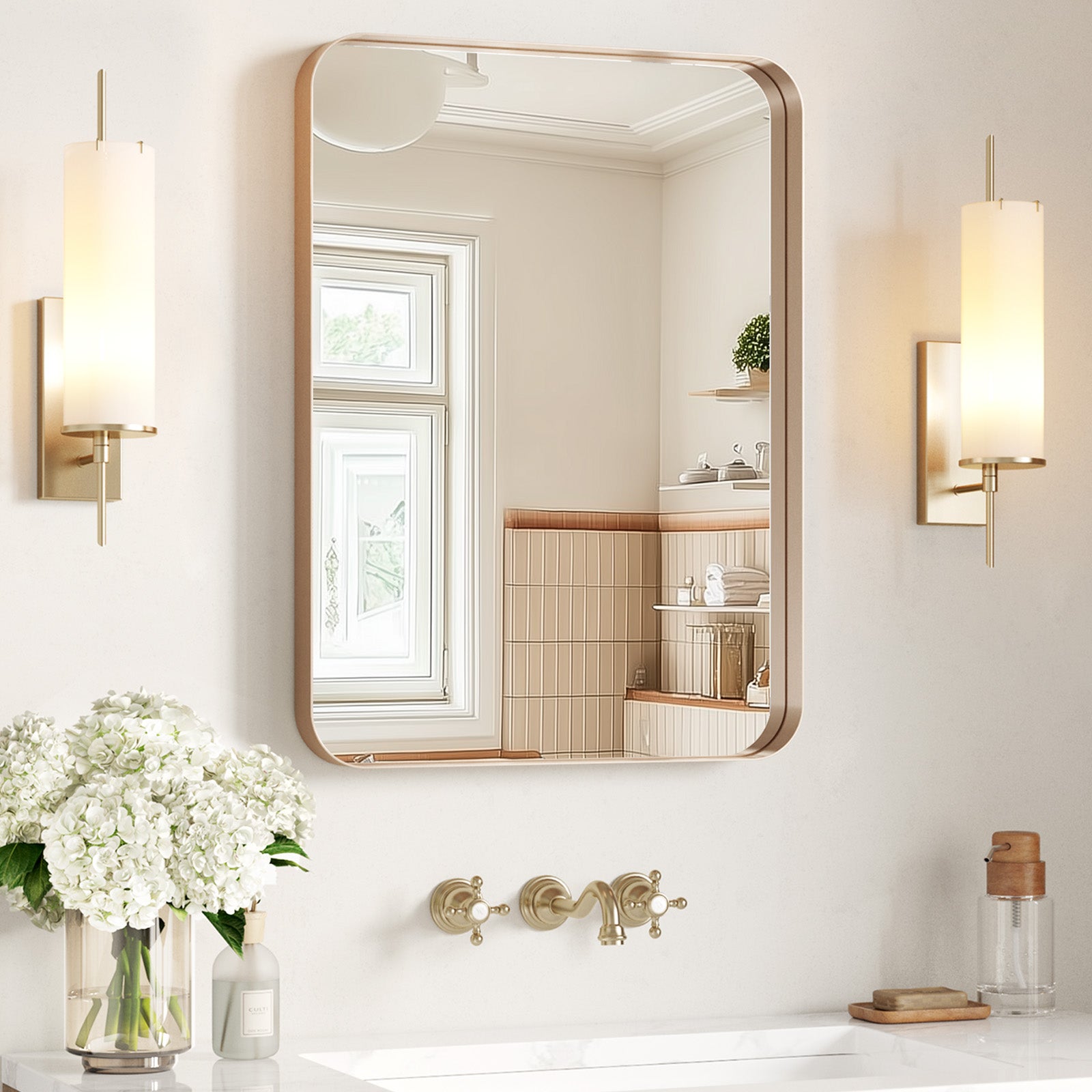 brushed gold bathroom mirror rectangular wall mounted above vanity modern decorative design 22 x 30 inch