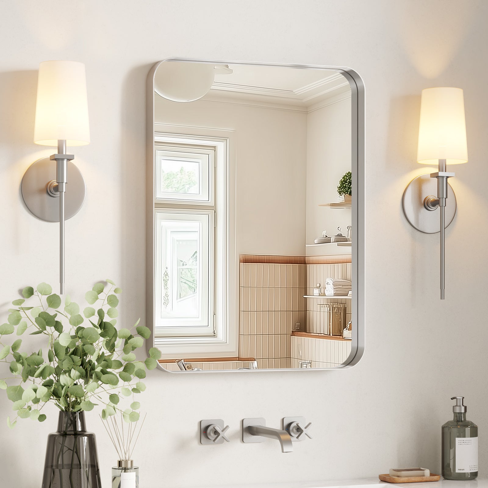 brushed nickel bathroom mirror rectangular wall mounted above vanity modern decorative design 22 x 30 inch