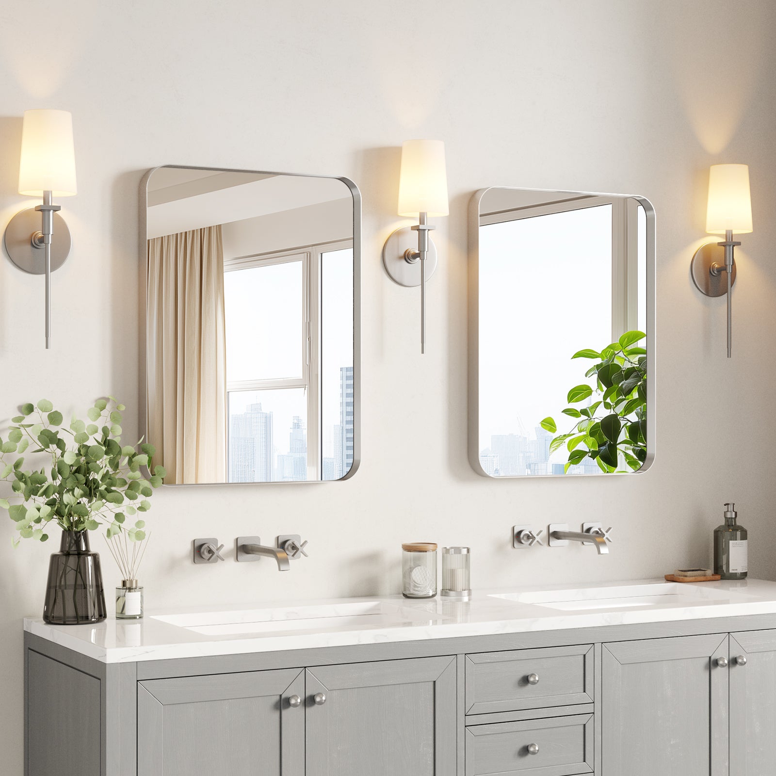 set of 2 brushed nickel bathroom mirrors rectangular wall mounted above double vanity modern decorative design 22 x 30 inch