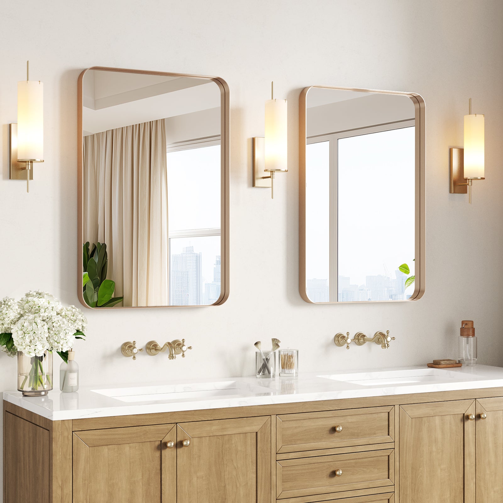 set of 2 brushed gold bathroom mirrors rectangular wall mounted above double vanity modern decorative design 22 x 30 inch
