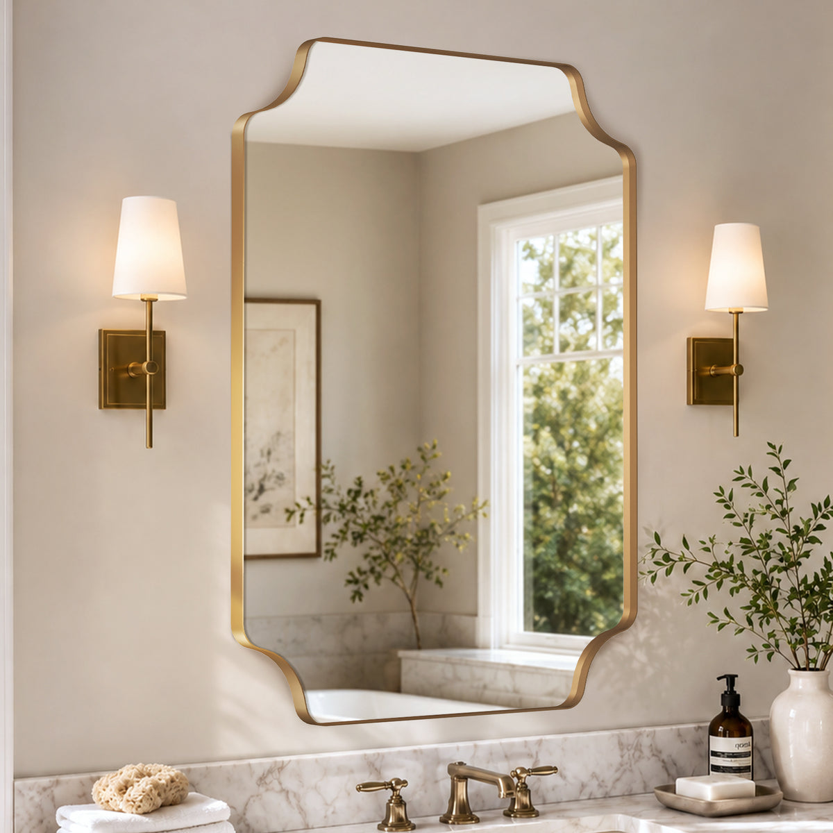 Stainless Steel Frame Gold Scalloped Bathroom Mirror – 24" x 32"