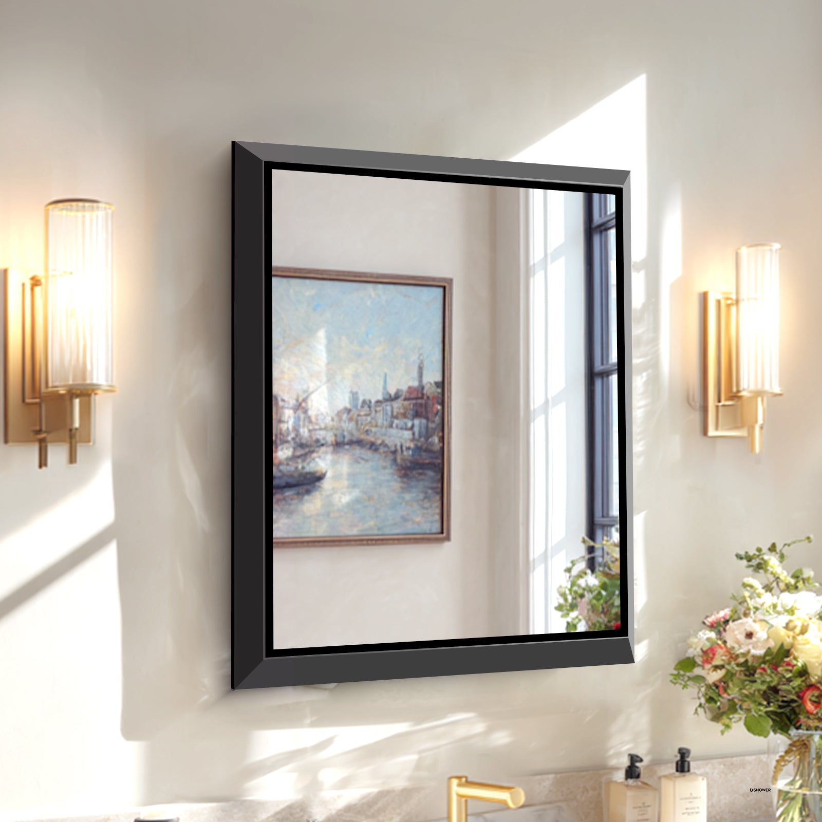 USHOWER Canvas Series Black Beveled Bathroom Mirror 24''x32''