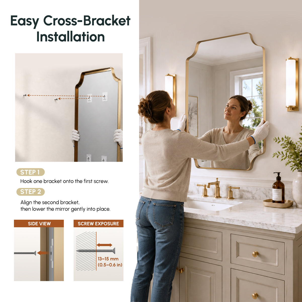 Stainless Steel Frame Gold Scalloped Bathroom Mirror – 24" x 32"
