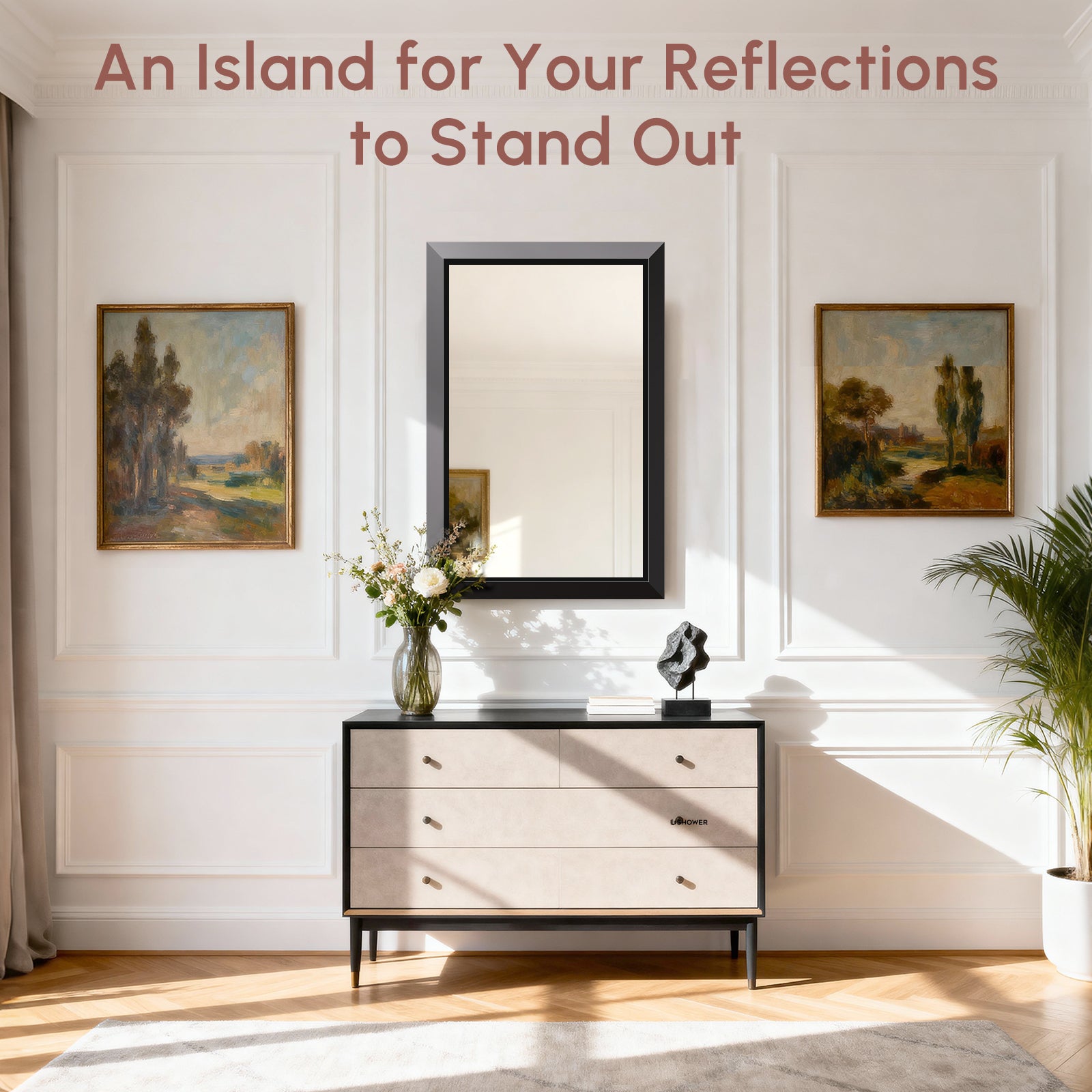 USHOWER Canvas Series Black Beveled Bathroom Mirror 24''x36''