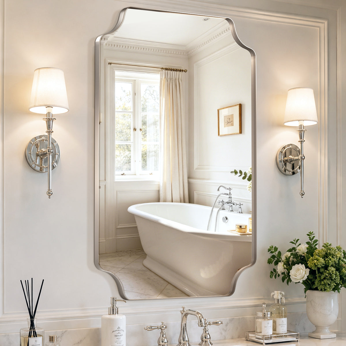 Stainless Steel Frame Silver Scalloped Bathroom Mirror – 24" x 36"