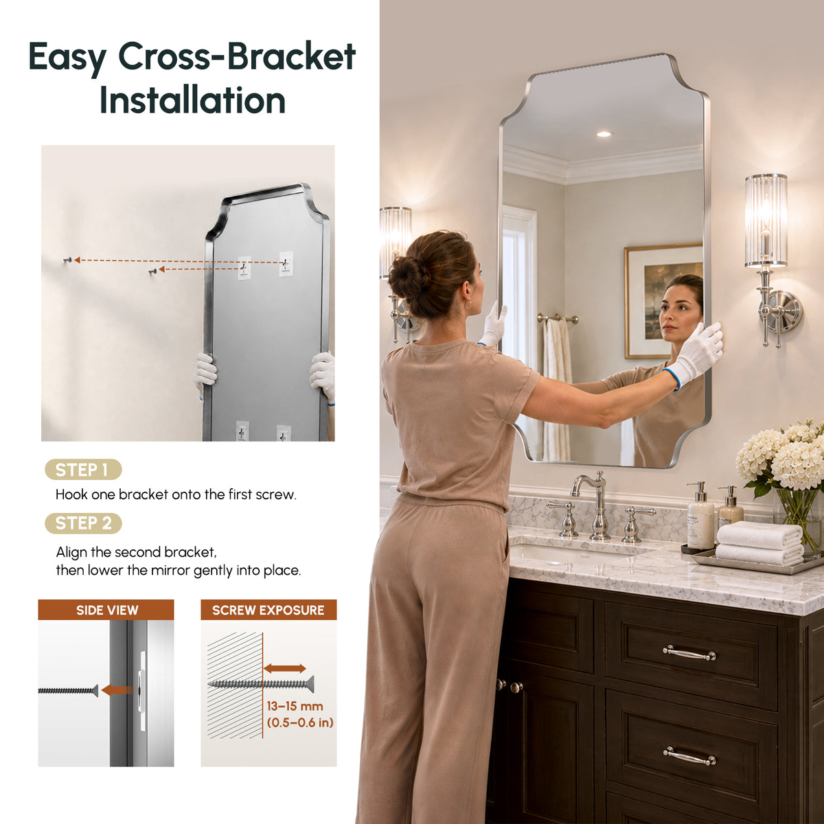 Stainless Steel Frame Silver Scalloped Bathroom Mirror – 24" x 36"