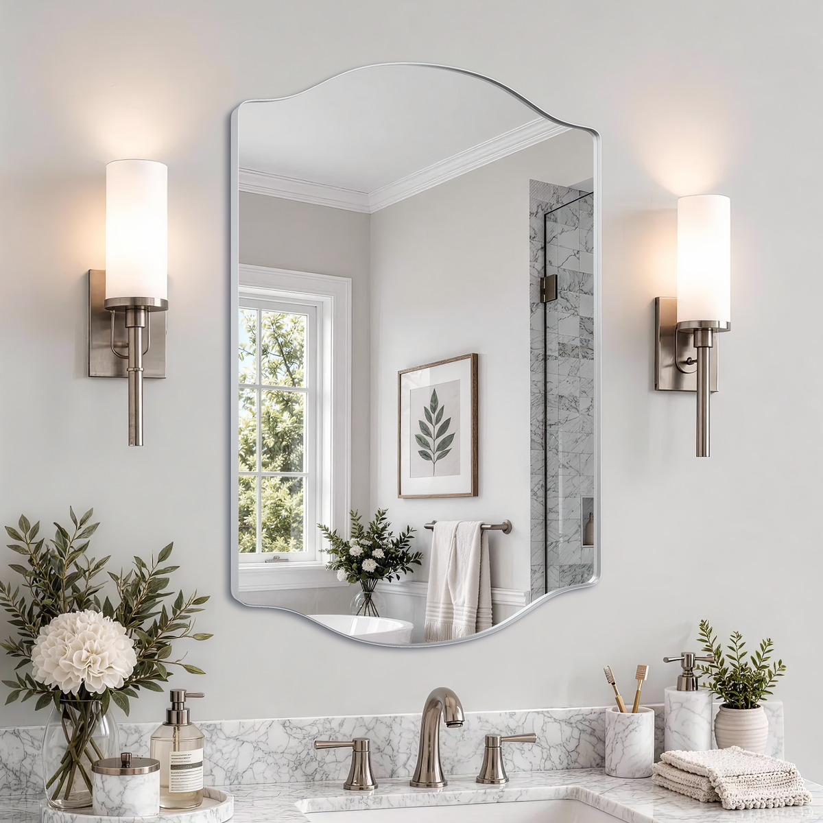 Stainless Steel Frame Silver Double Arch Bathroom Mirror – 24" x 36"