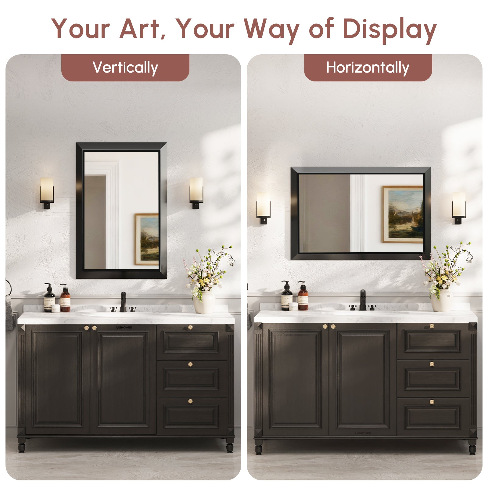 USHOWER Canvas Series Black Beveled Bathroom Mirror 24''x36''