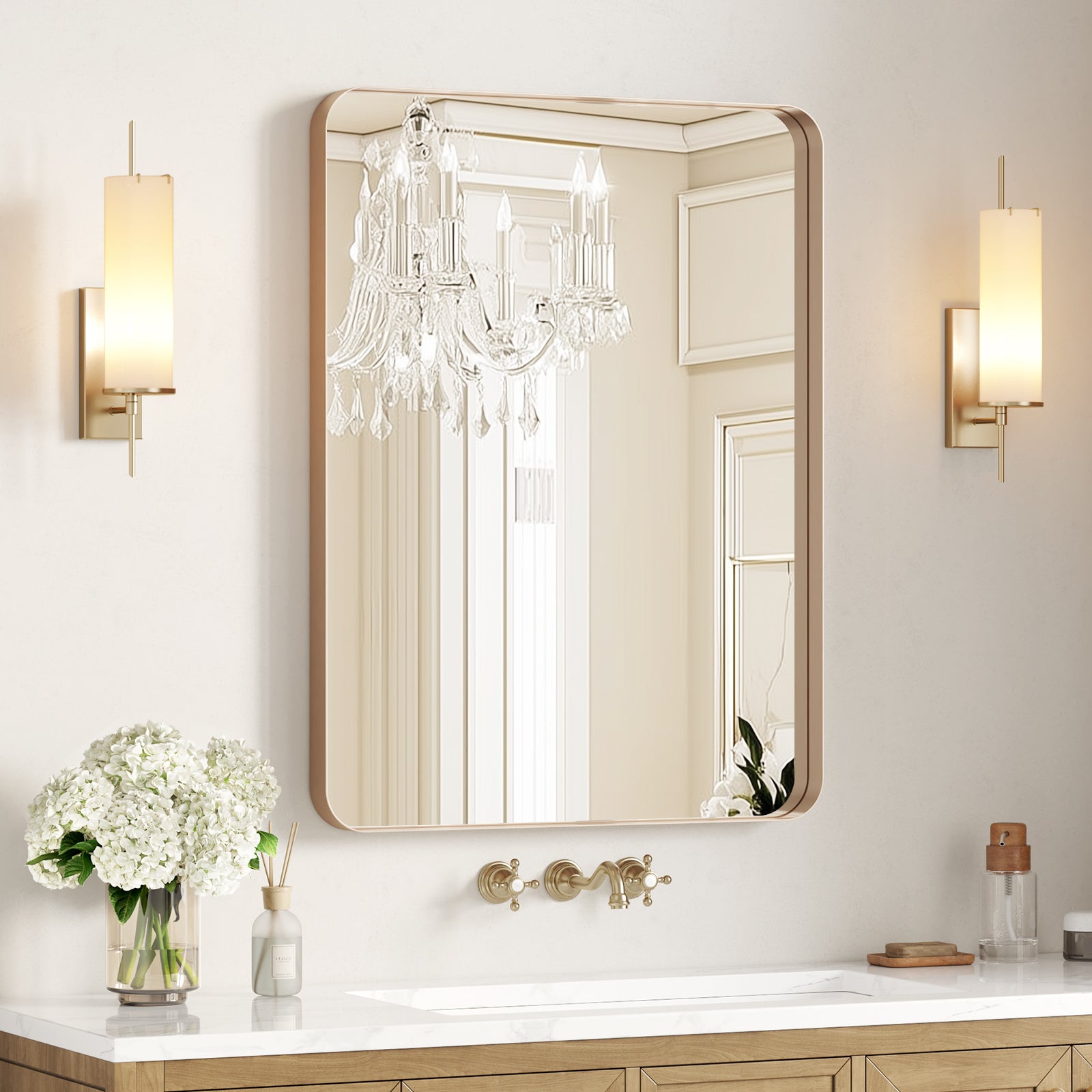 brushed gold bathroom mirror rectangular wall mounted above vanity modern decorative design 24 x 36 inch