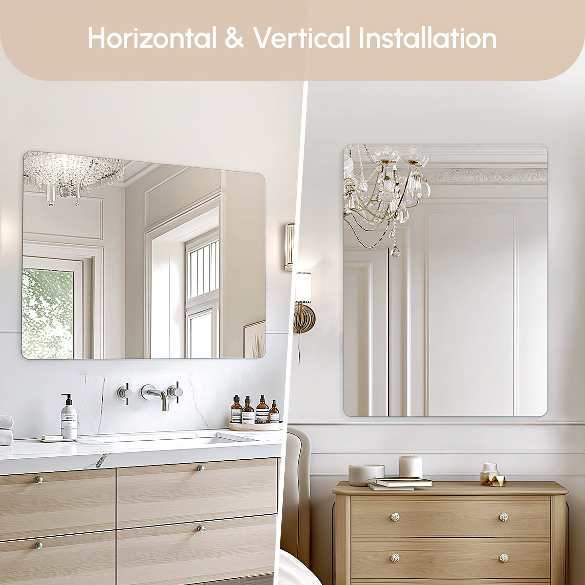 USHOWER Kadra Series – 20'' x 30'' Frameless Rectangular Bathroom Mirror, Set of 2