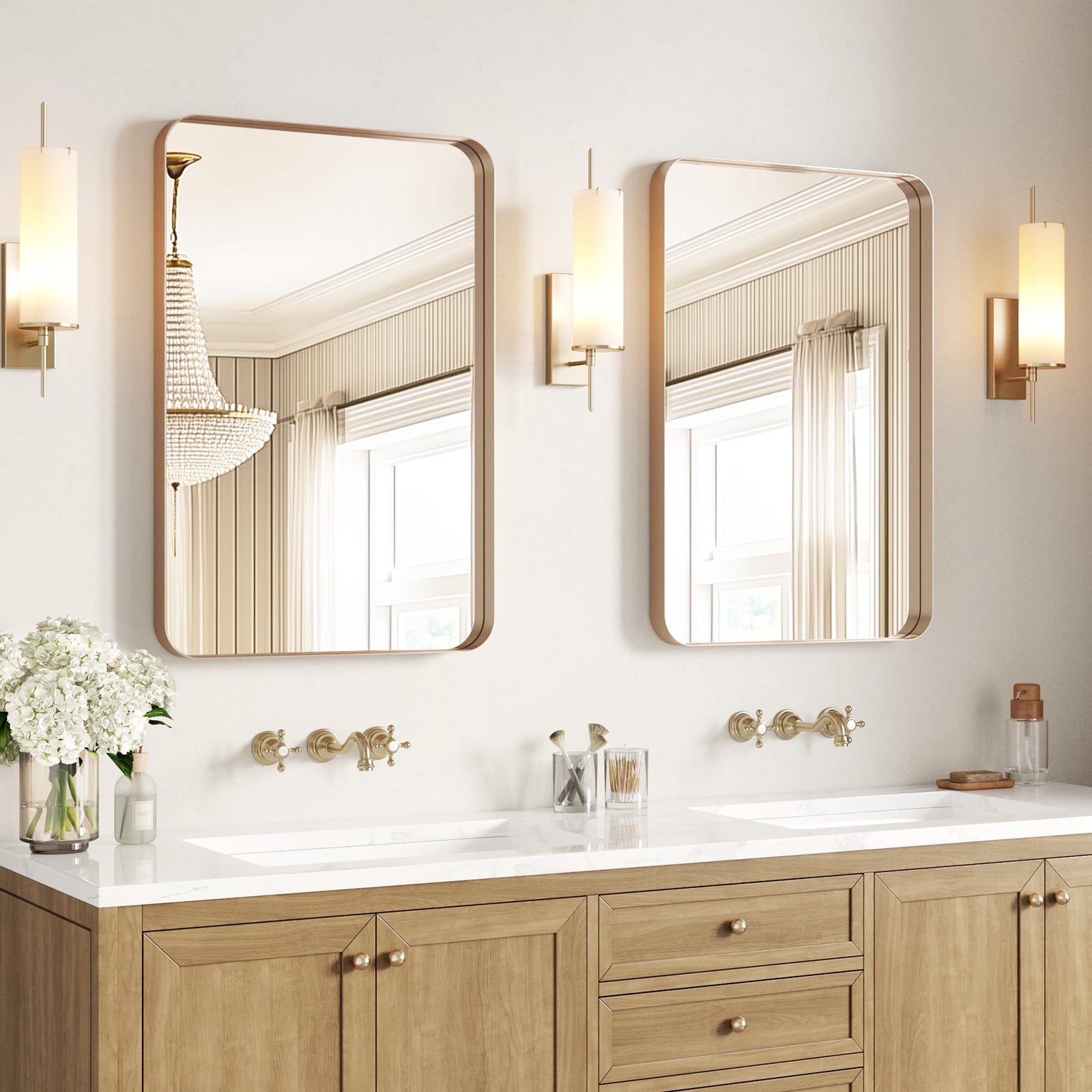 set of 2 brushed gold bathroom mirrors rectangular wall mounted above double vanity modern decorative design 24 x 36 inch