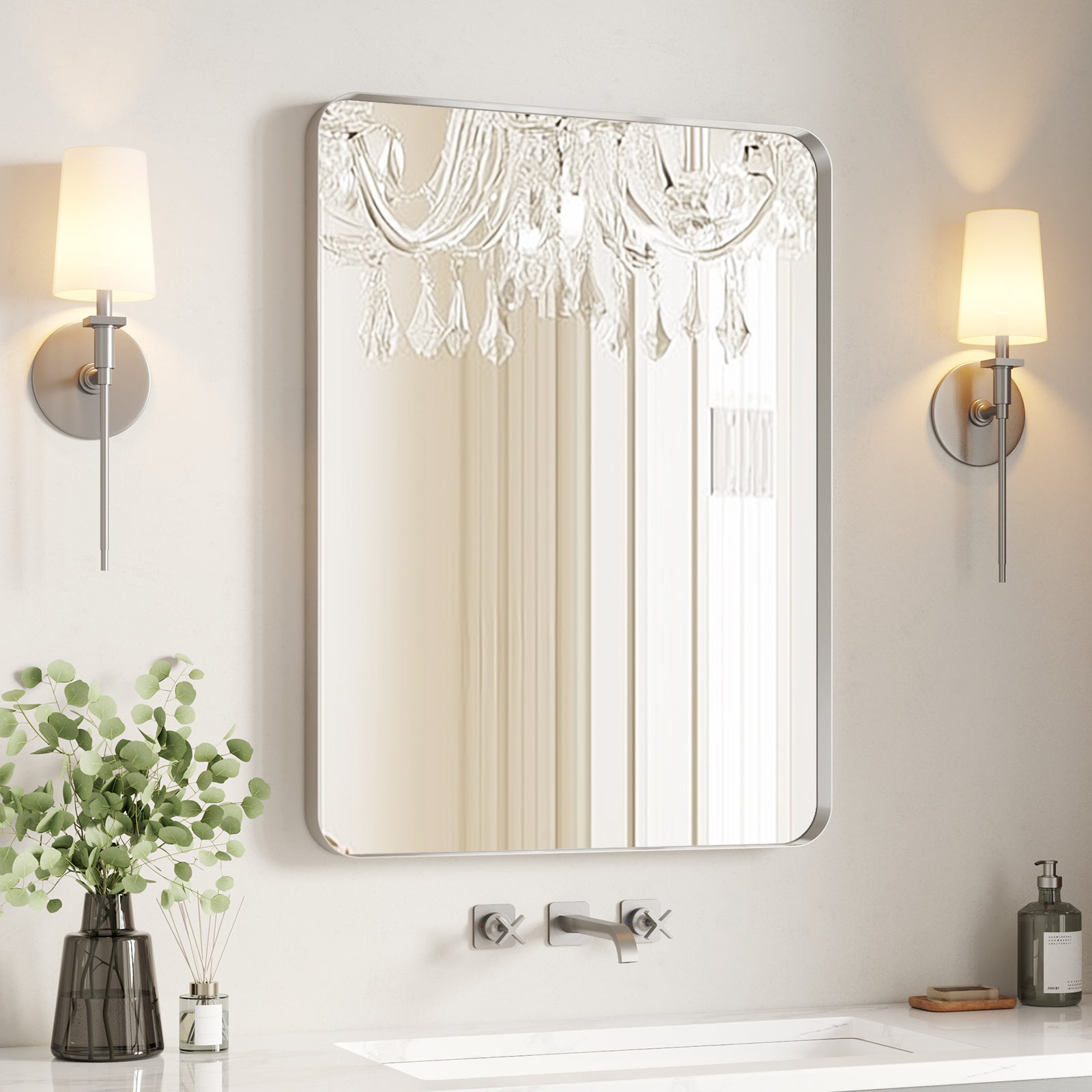 brushed nickel bathroom mirror rectangular wall mounted above vanity modern decorative design 24 x 36 inch