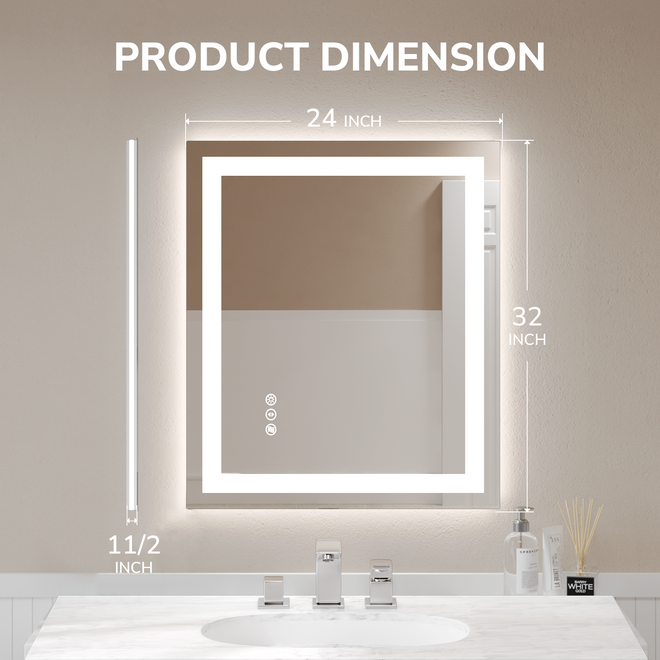 USHOWER 32x24 inch LED vanity mirror with lights 1.5 inch depth vertical or horizontal mount