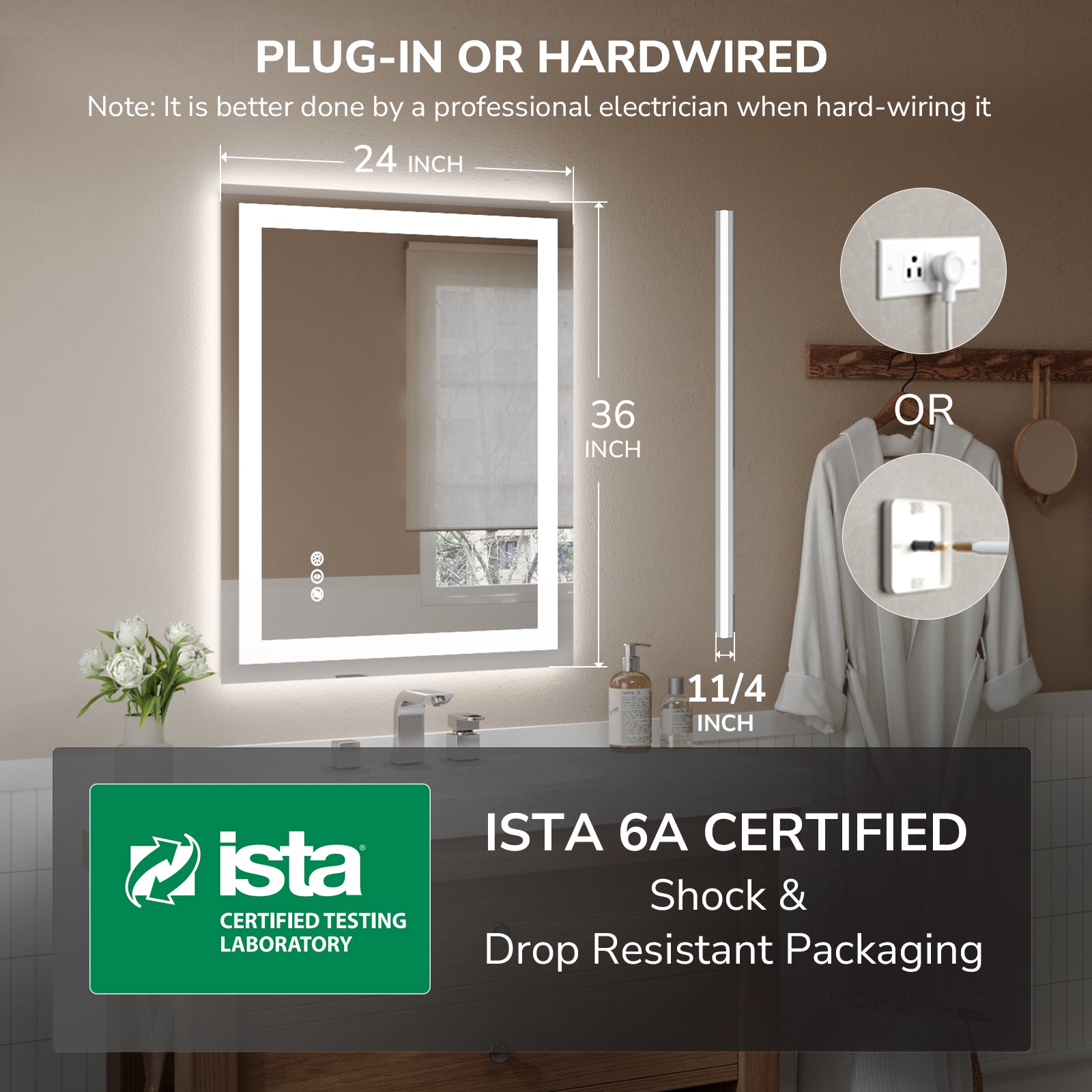 USHOWER Klara Series – 24'' x 36'' Rectangular LED Bathroom Mirror