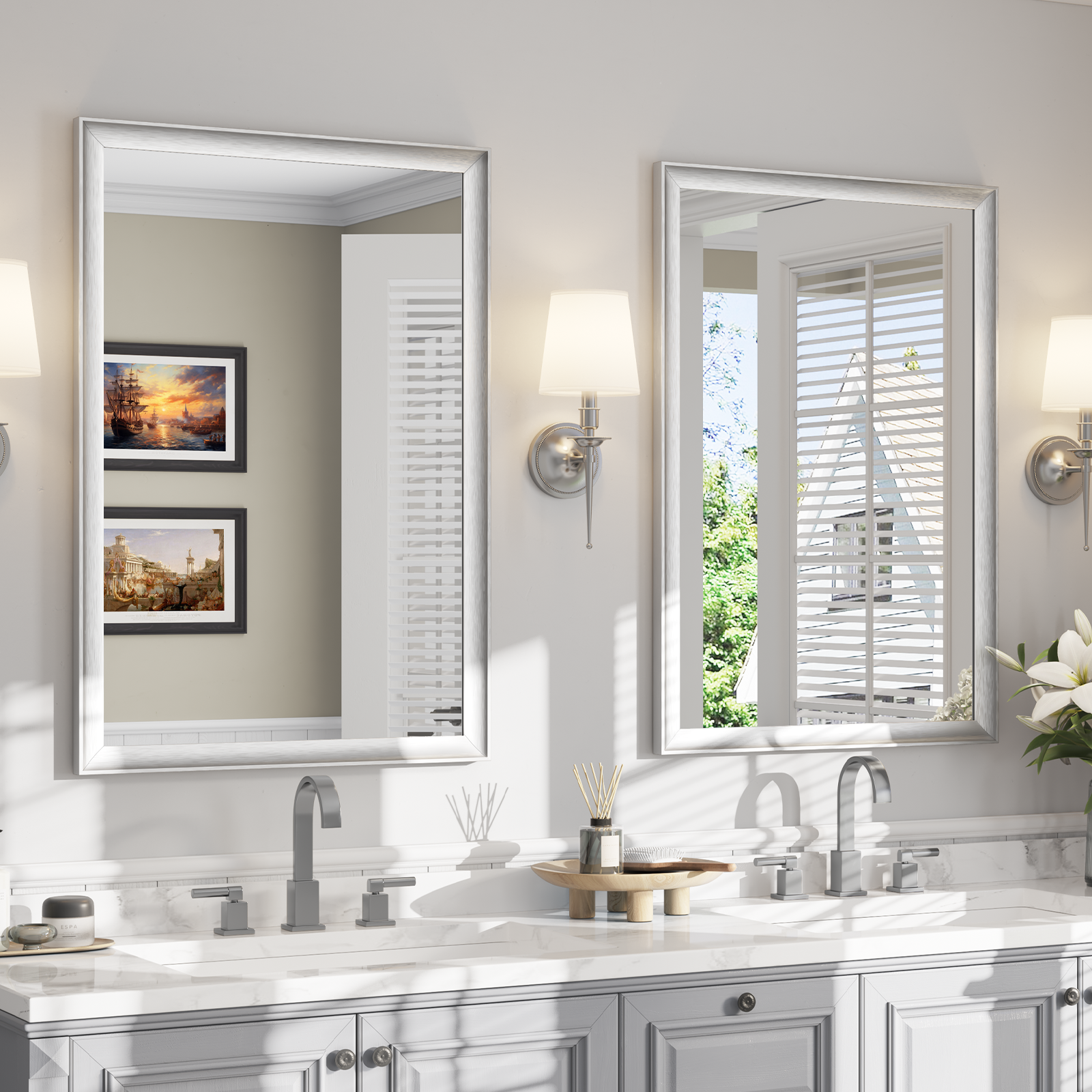 USHOWER Curva Mirror, 2-Pack Rectangular Silver Metal Framed Mirror, 24'' x 36''
