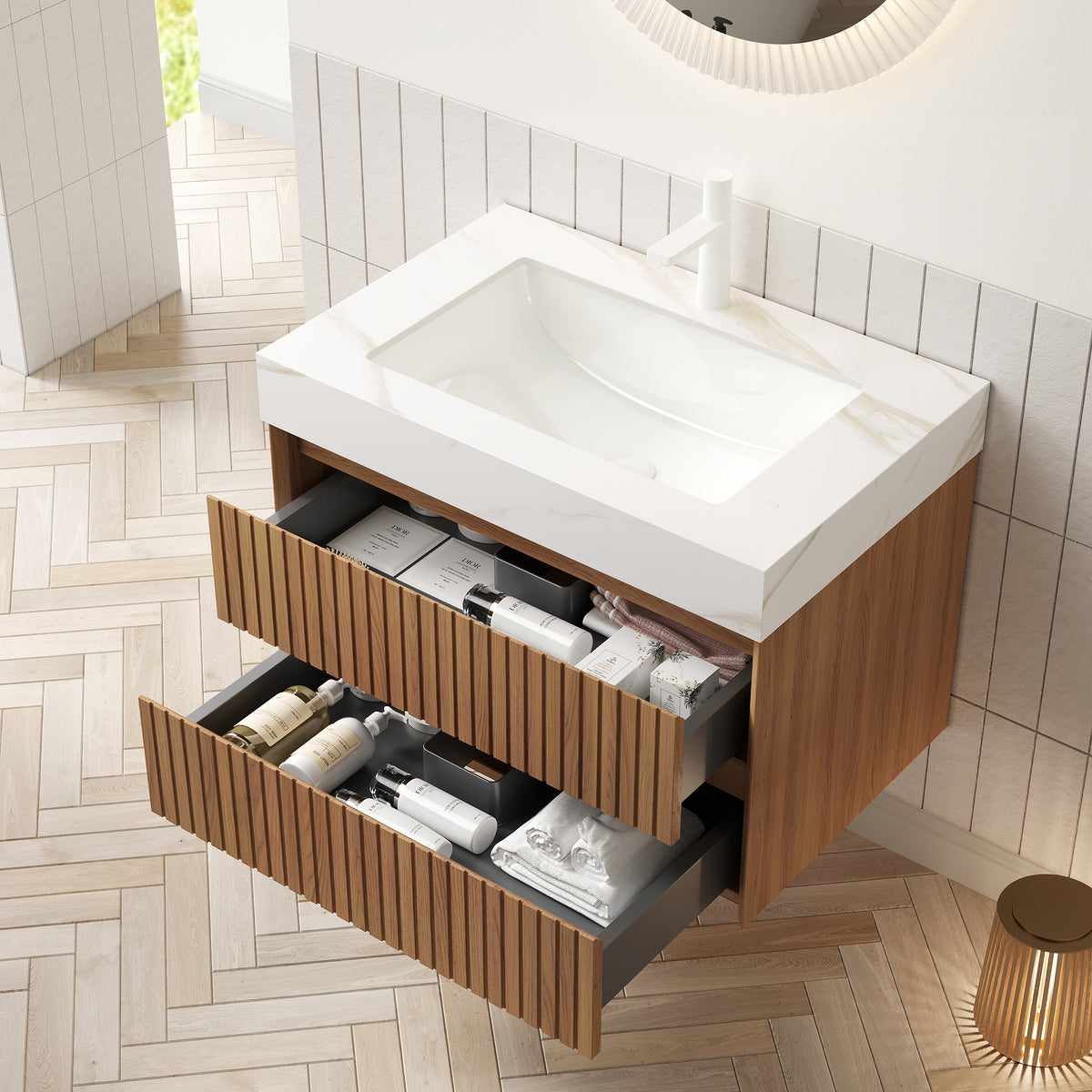 TILLEY 30" Floating Bathroom Vanity with Calacatta Gold Sintered Stone Top, Ceramic Undermount Sink, 2 Drawers, Brown Oak Woodgrain, Pre-Assembled