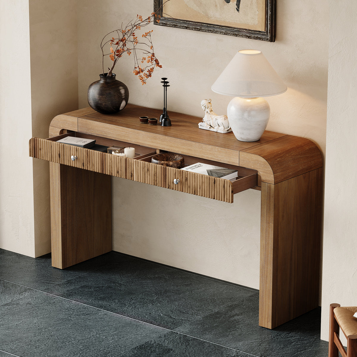 TREXM Rustic Fluted Console Table, Farmhouse Entryway Table with Curved Corners & Thick Legs, Sofa Table for Hallway & Living Room, Natural