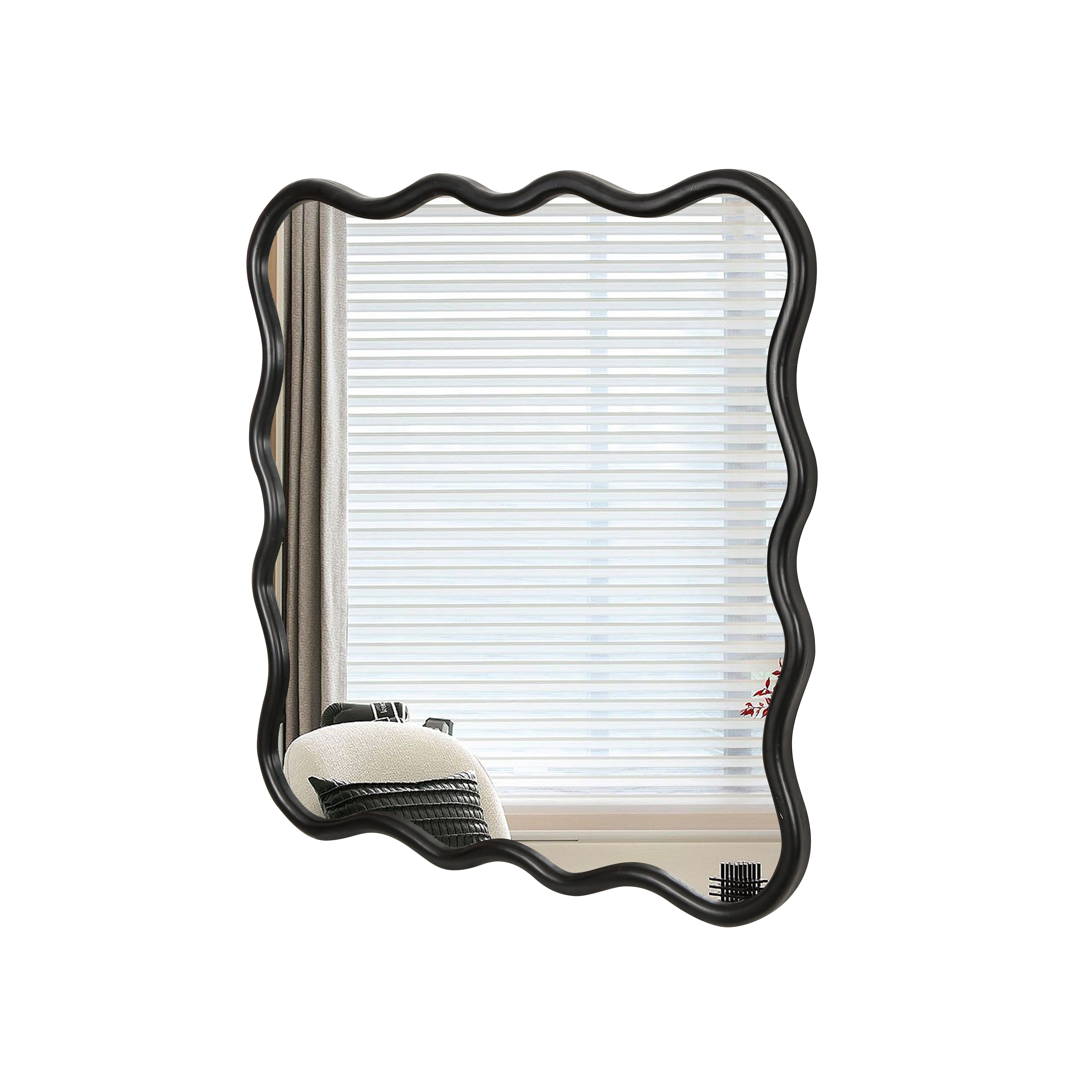 Wavy Square Black Wall Mirror, Solid Wood, 35.8'' x 35.8''