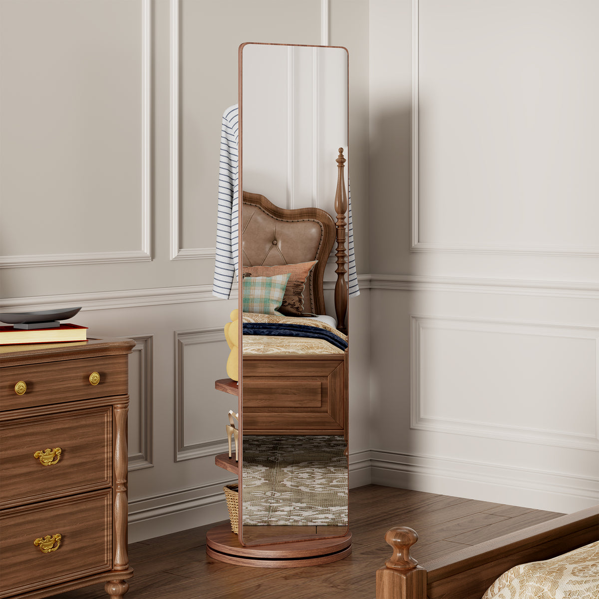 Walnut 360° Rotating Full-Length Mirror, 66"x17.8" Solid Wood Floor Mirror with Hooks and Storage Rack for Bedroom, Living Room & Entryway
