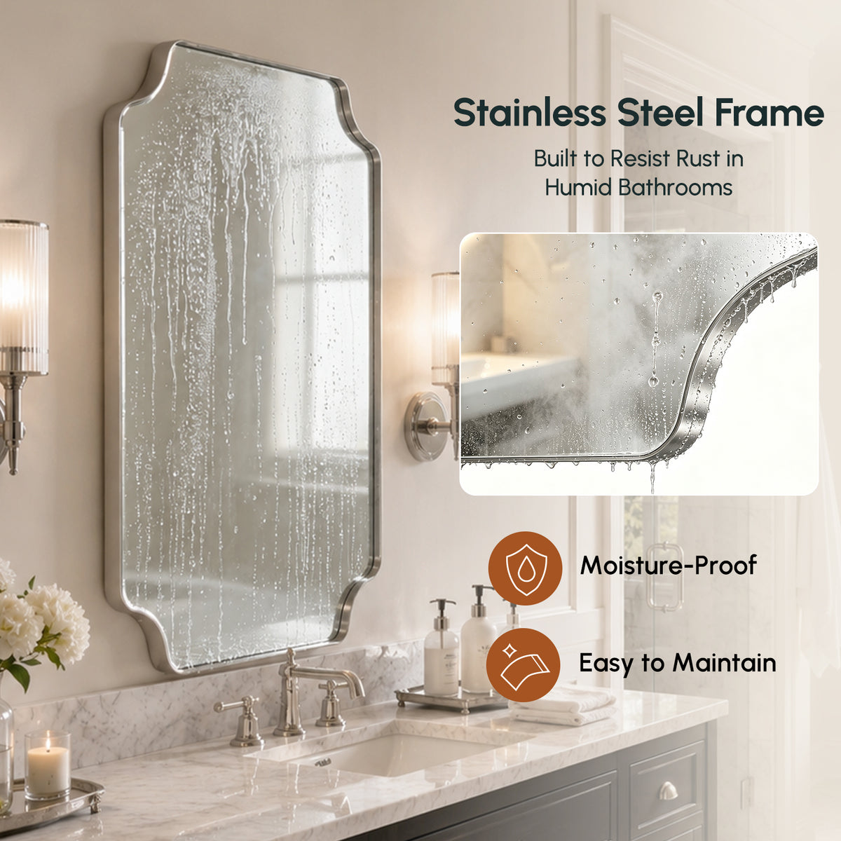 Stainless Steel Frame Silver Scalloped Bathroom Mirror – 24" x 36"