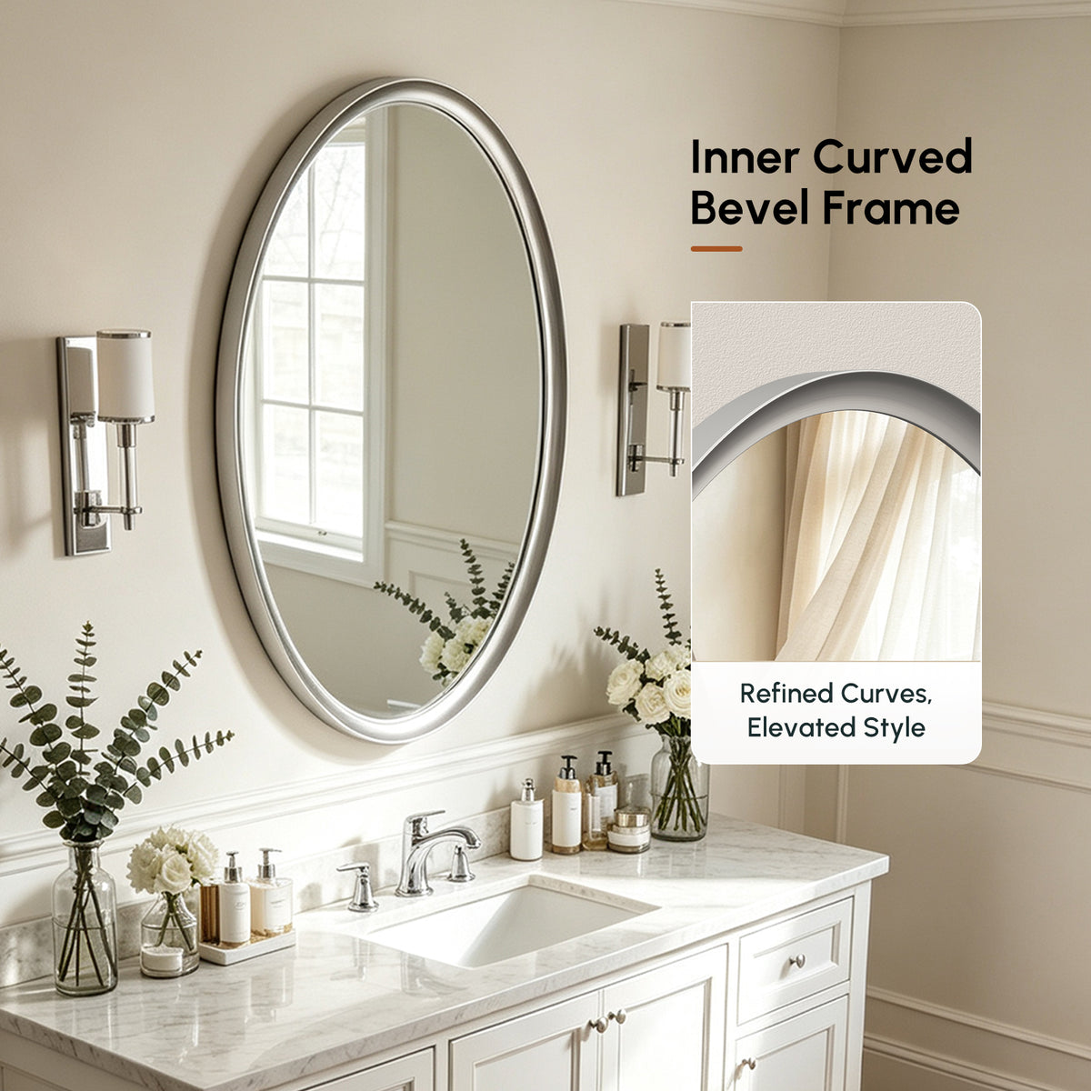 USHOWER Curva Brushed Nickel Oval Bathroom Mirror, 20x28 Inch Oval Mirror