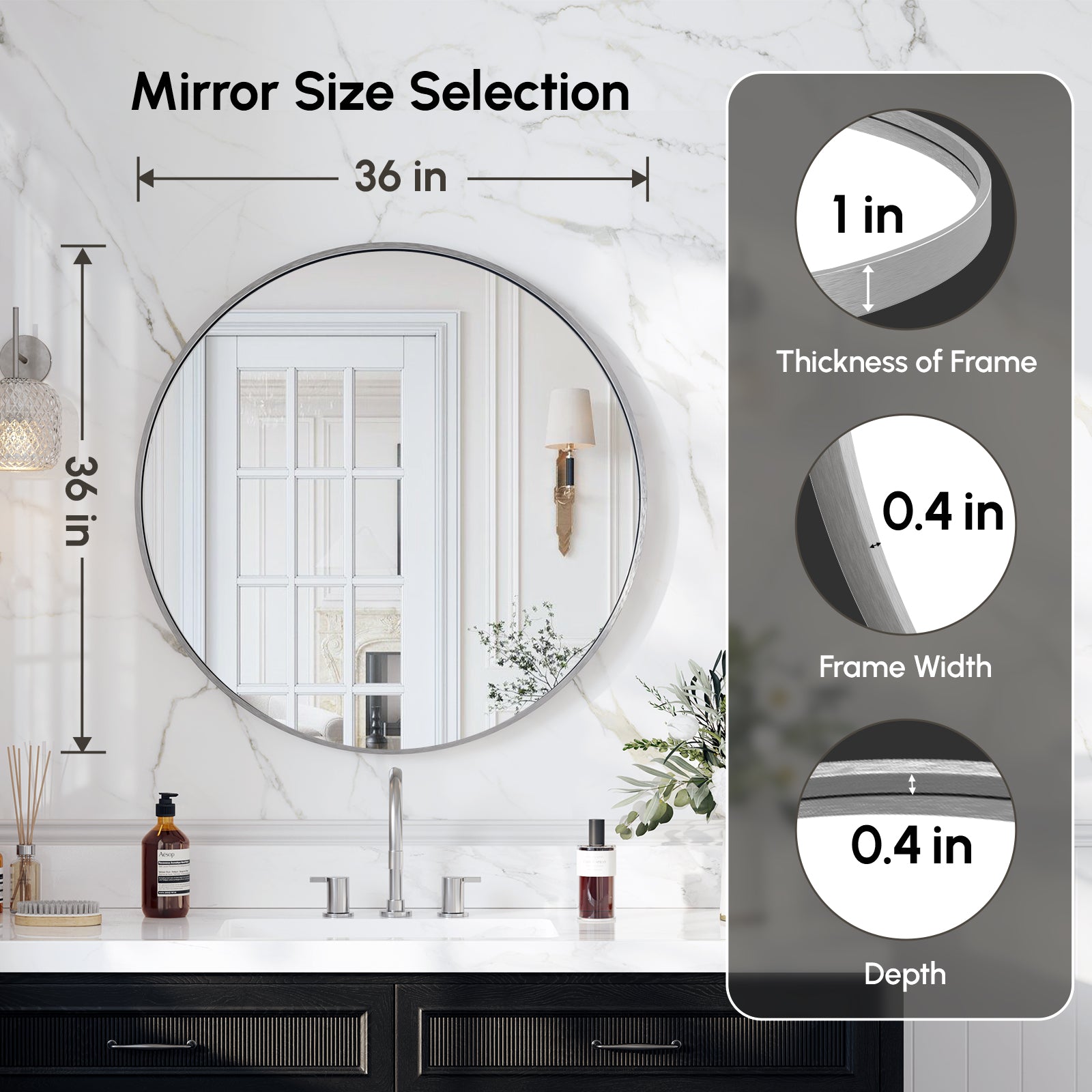 USHOWER Arar Brushed Nickel Round Bathroom Mirror, 36''