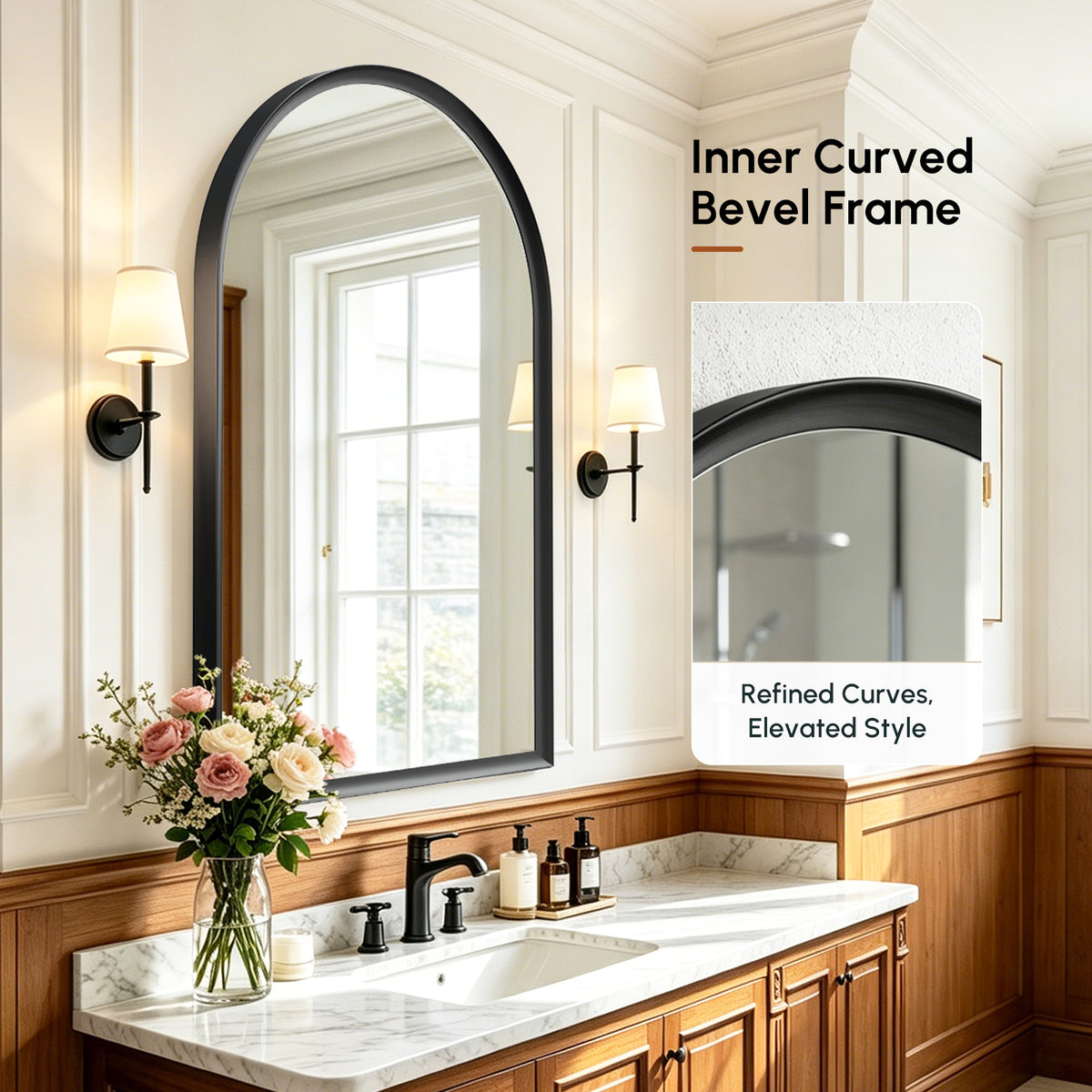 USHOWER Curva Black Arched Mirror 24x36 Inch, Arched Bathroom Mirror