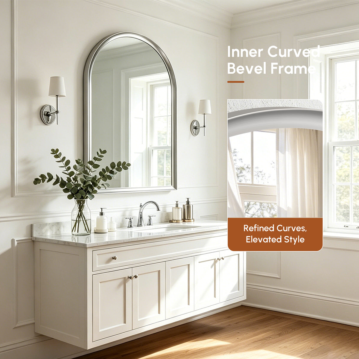 USHOWER Curva Brushed Nickel Arched Mirror 24x36 Inch, Arched Bathroom Mirror