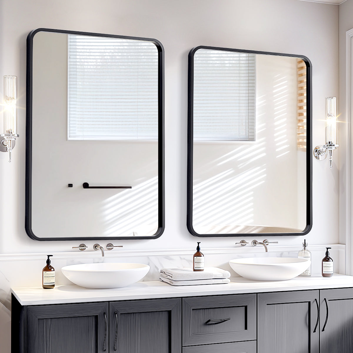USHOWER Nwar Series – 24x36 Inch Rectangular Black Frame Mirrors Above Double Vanity in Bright Modern Bathroom