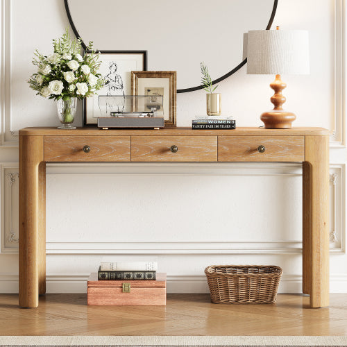 TREXM Rustic Console Table with 3 Concealed Drawers, Farmhouse Entryway Sofa Table with Curved Corners & Thick Legs for Living Room & Hallway, Natural