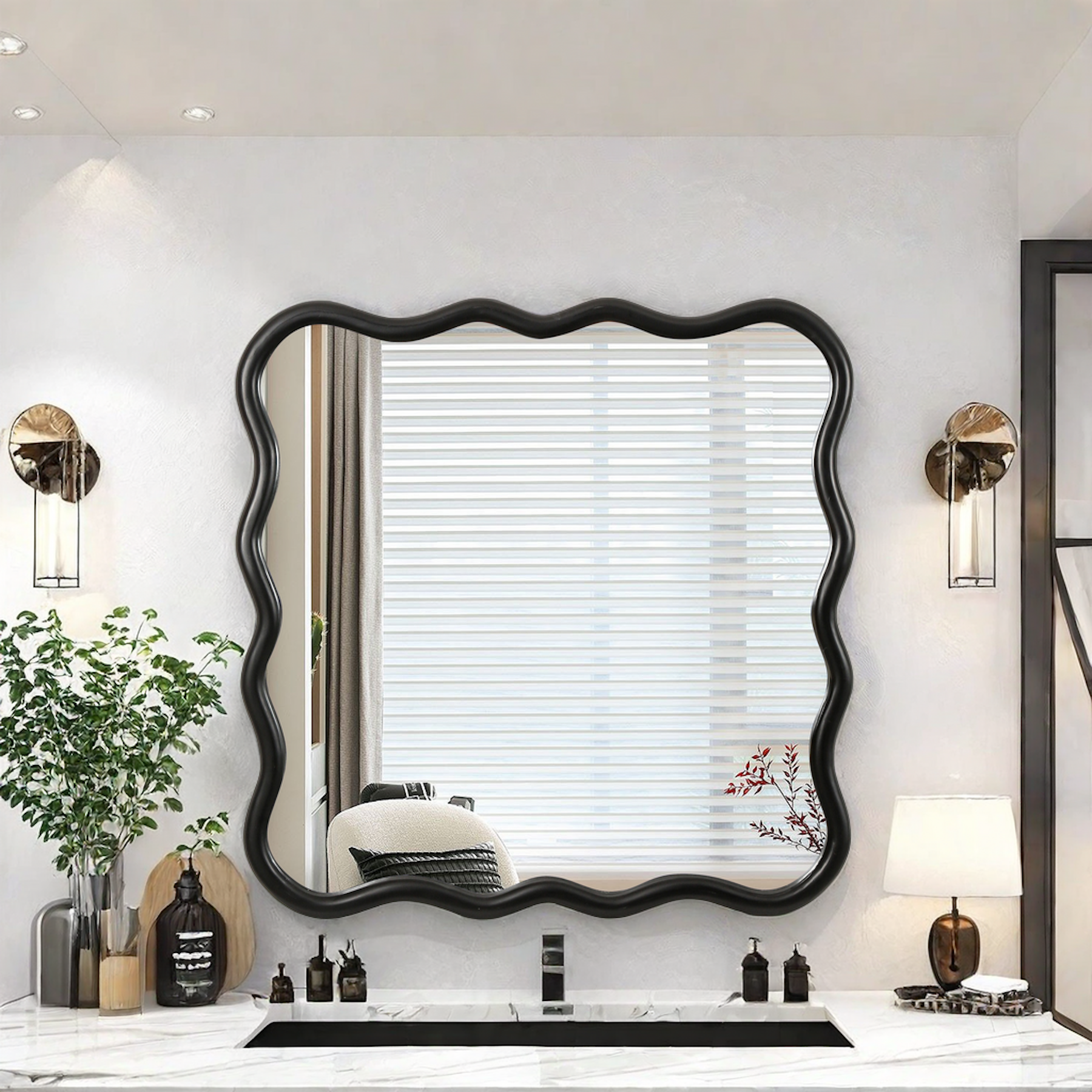 Wavy Square Black Wall Mirror, Solid Wood, 35.8'' x 35.8''