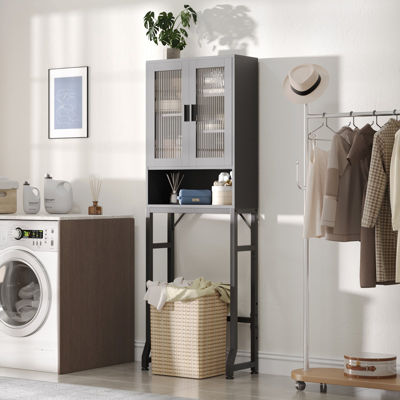 Black Over-the-Toilet Cabinet in Laundry, Modern Setting, Light Toned Decor