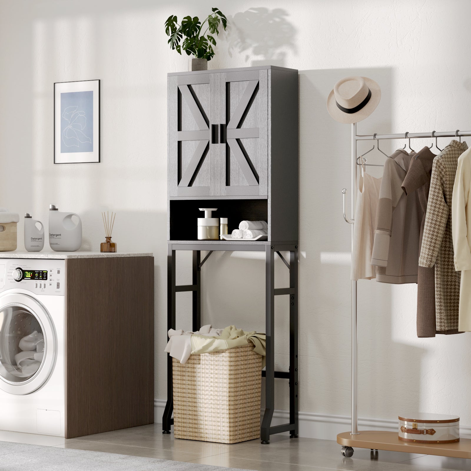 Black Over-the-Toilet Cabinet in Laundry, Storage Space and Farmhouse Style, Light Toned Decor