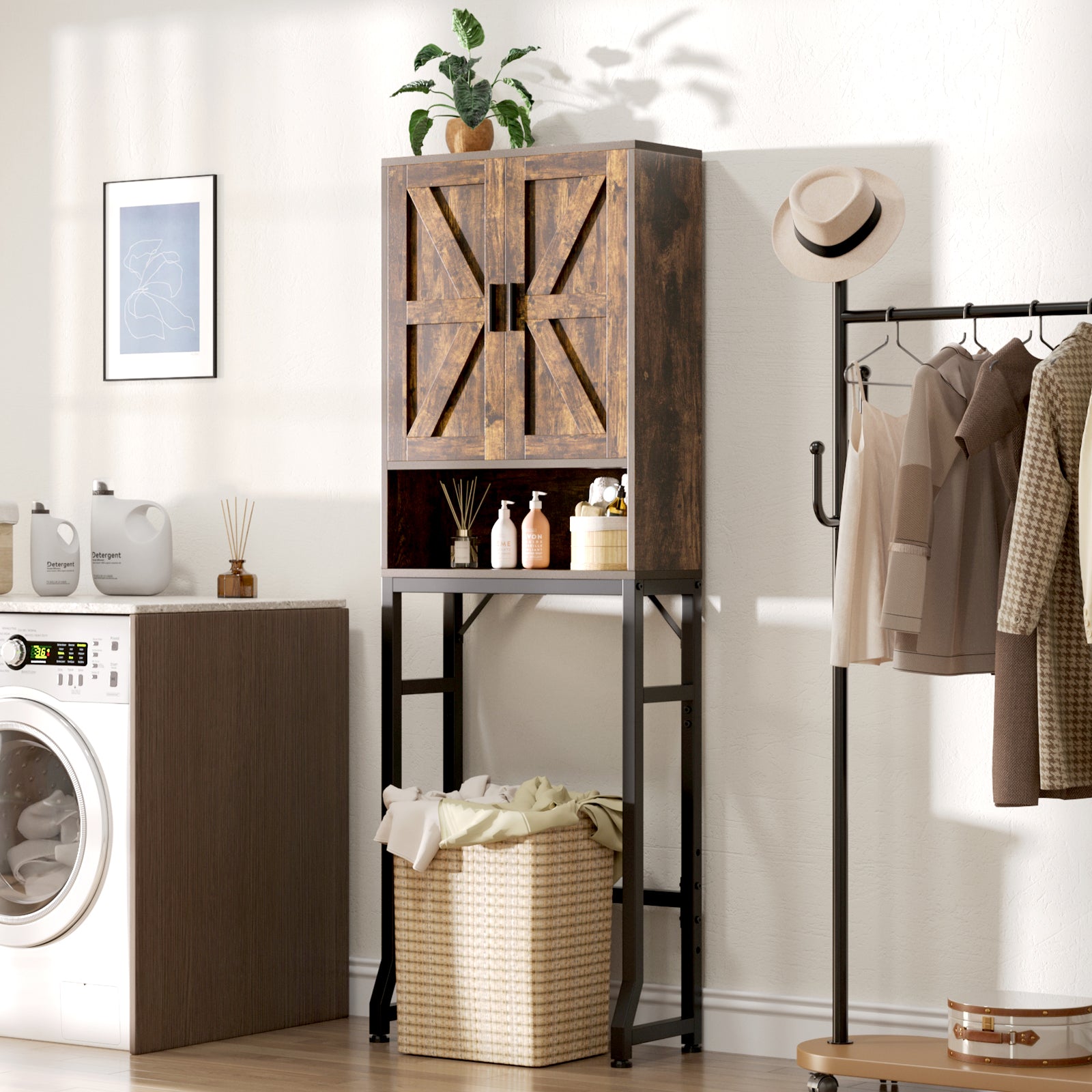 USHOWER Stokado Series – Over-the-Toilet Storage Cabinet with Wood Doors, Rustic Brown