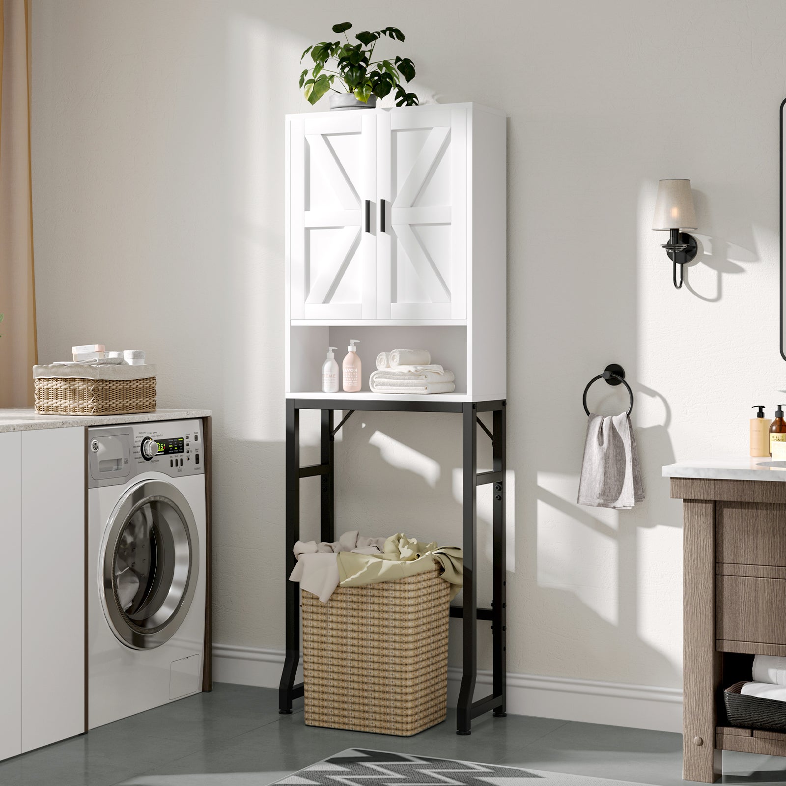 USHOWER Stokado Series – Over-the-Toilet Storage Cabinet with Wood Doors,White